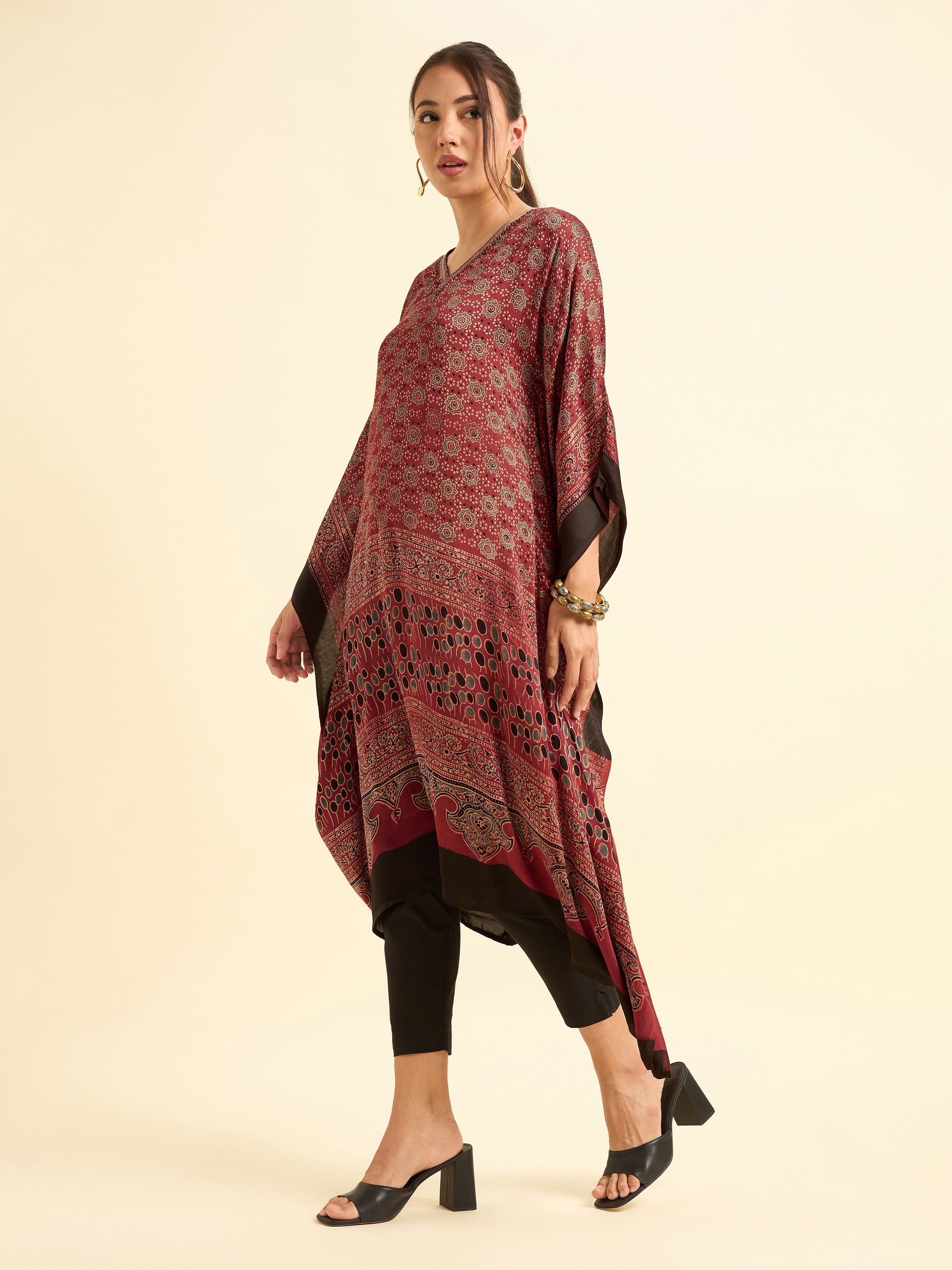 Women Wearing Maroon Multi Colour Modal Satin Kaftan  With Embroidery Sequins Work