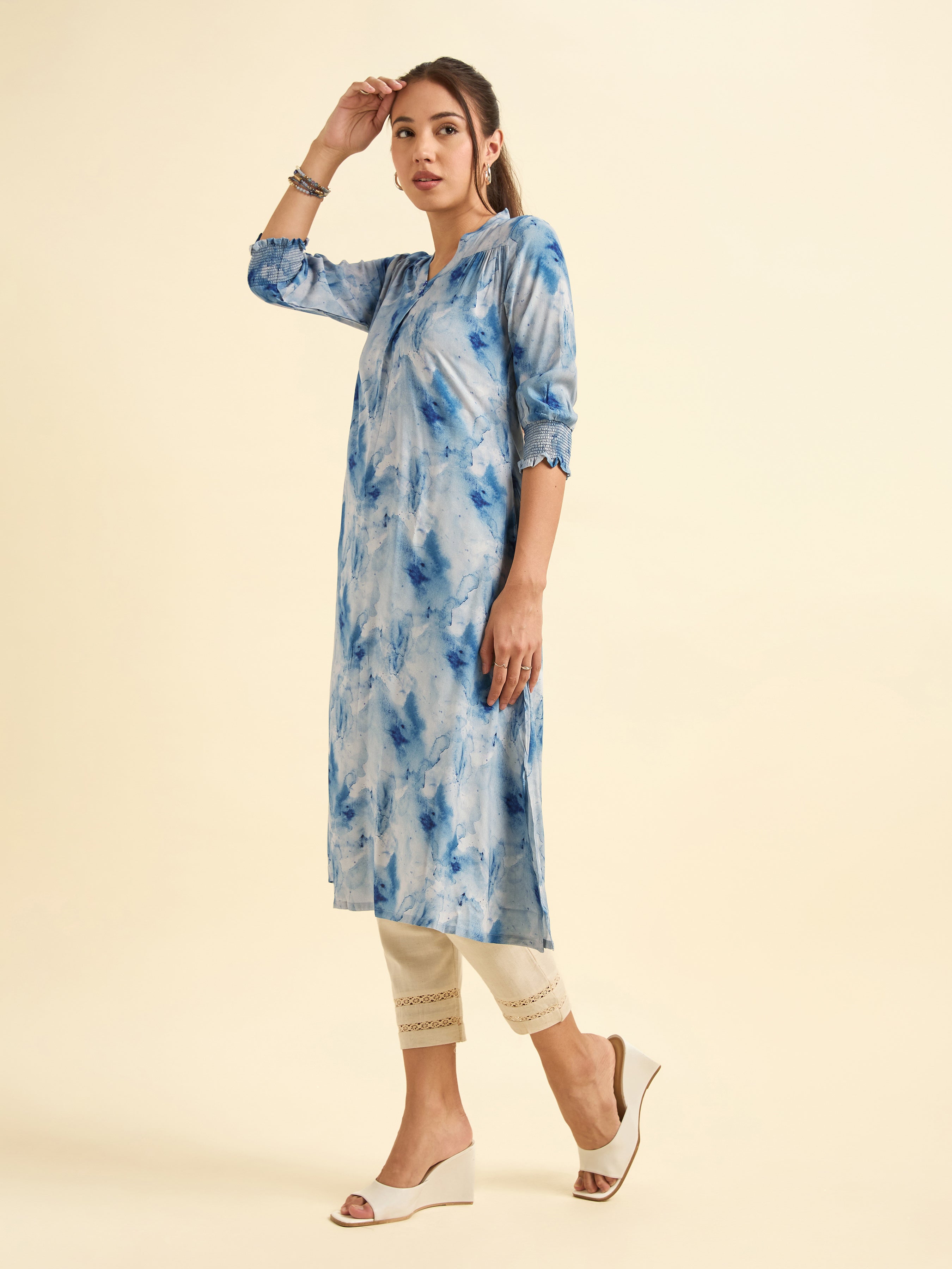 Sky Blue Muticolour Vicose Printed Flared Kurti With Smocking And Knife Pleat