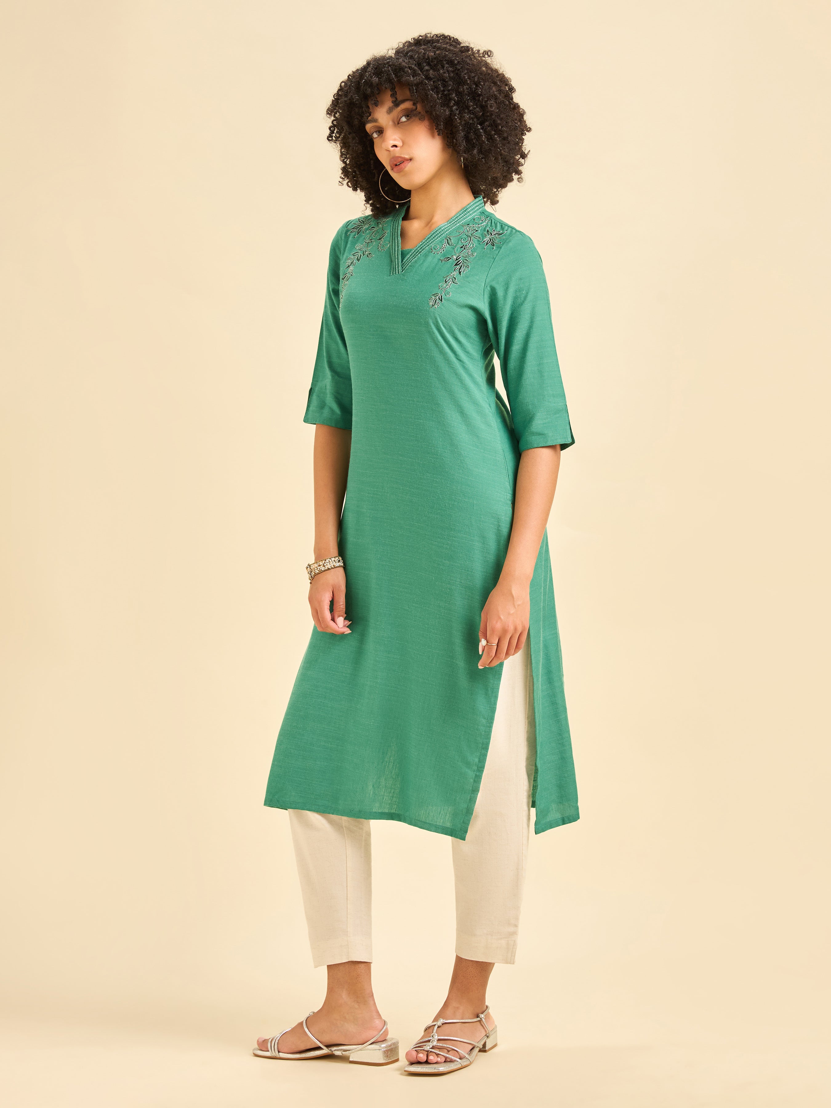 Aqua Green Cotton Viscose Flared Kurti With Embroidery