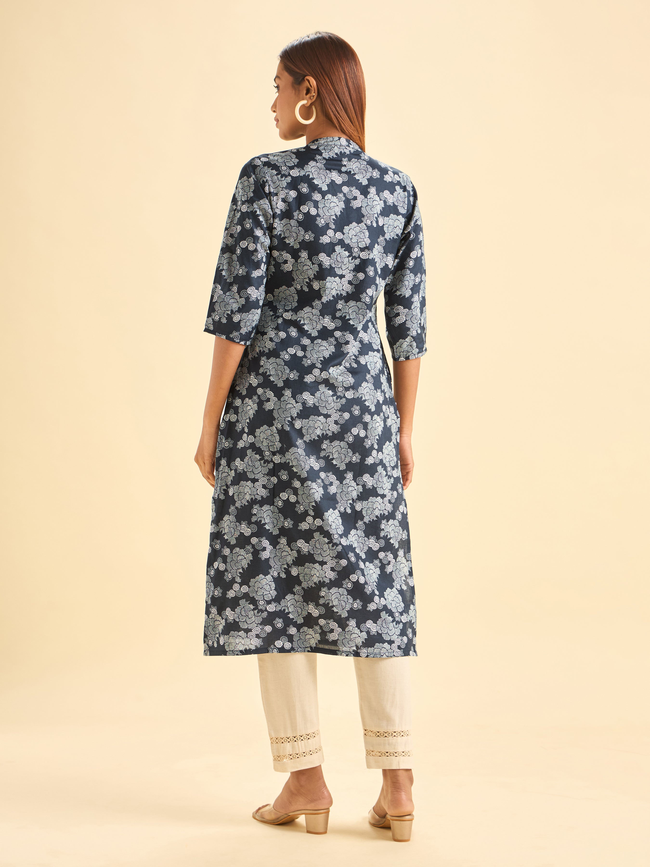 Navy Blue And White Pure Cotton Printed Slited Kurti With Gathers
