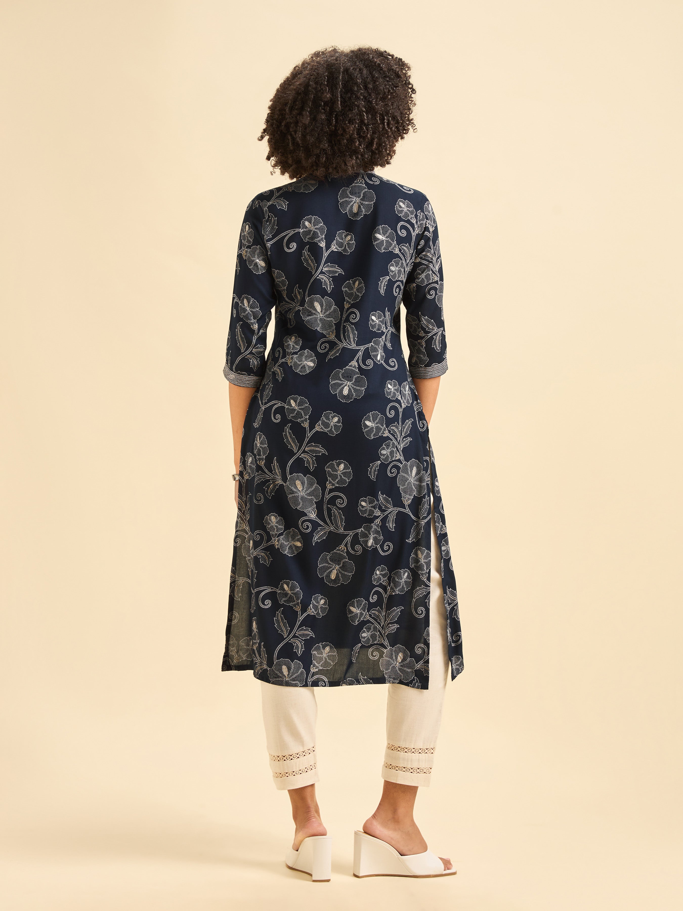 Navy Blue Viscose Slit Printed Kurti With Embroidery