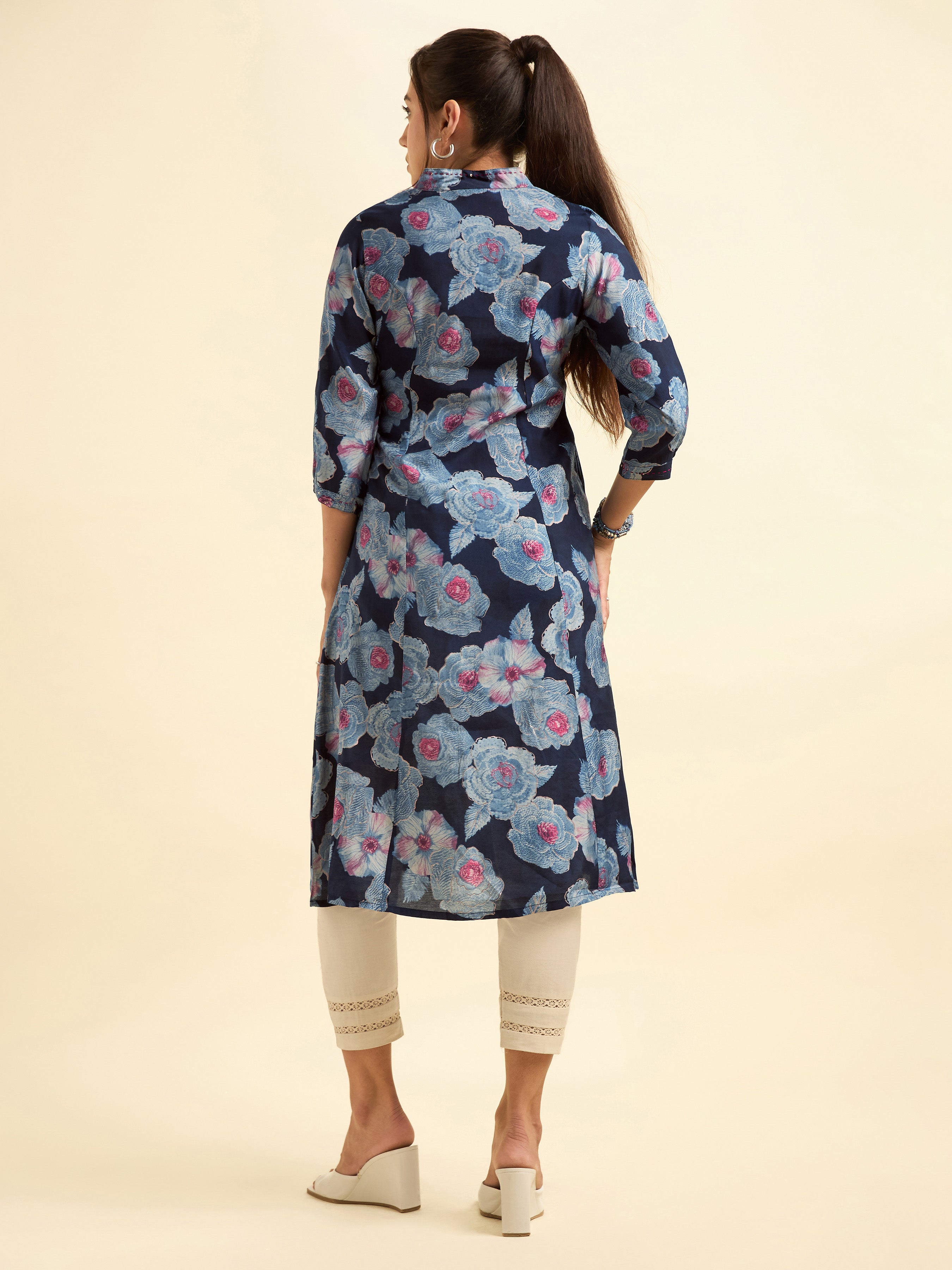 Navy Blue Modal Chanderi Princess Cut Printed Kurti With Embroidery And Sequins Work