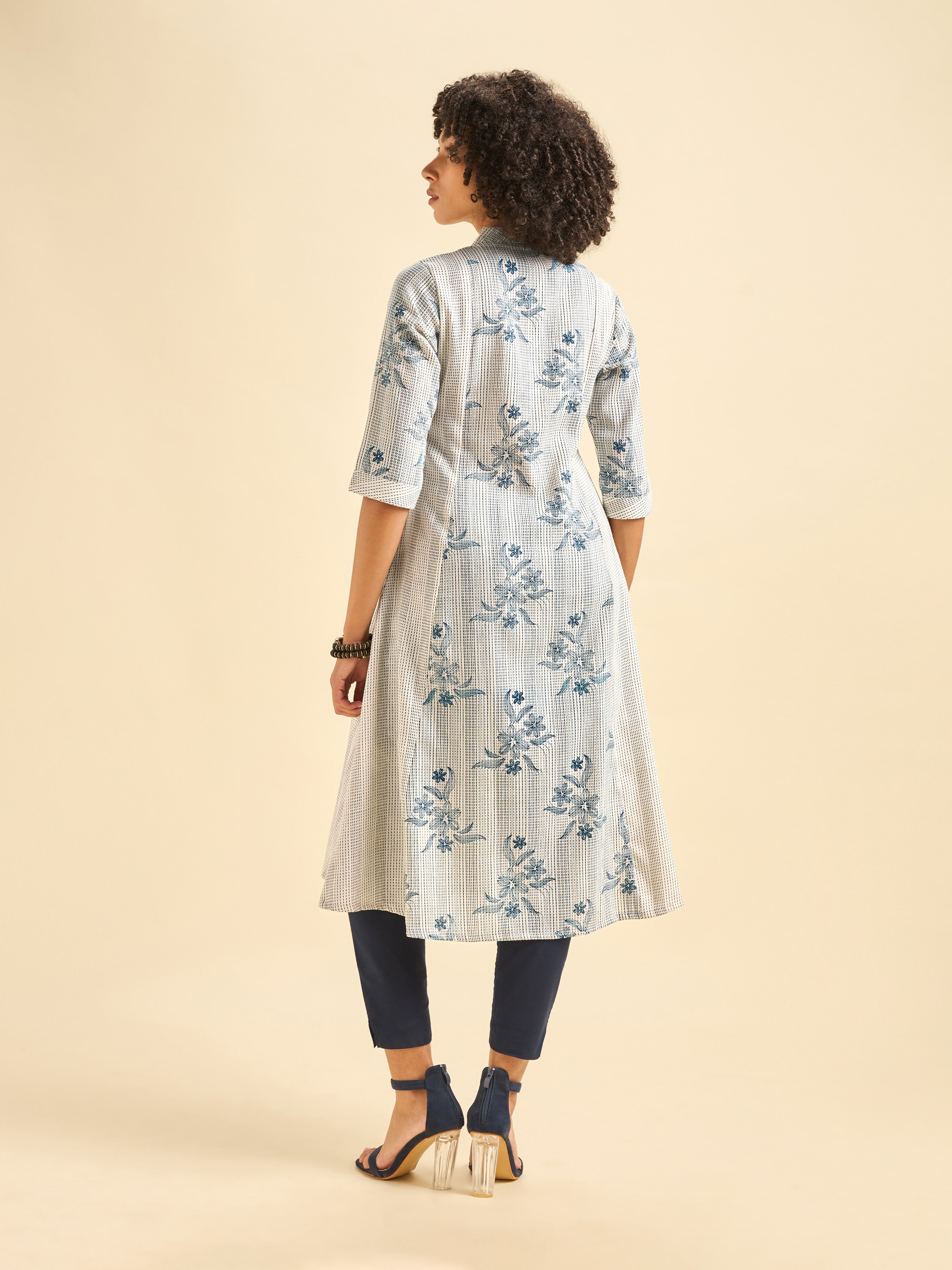 White And Navy Blue Cotton Blend Foil Print Flared Kurti With Panel Cut