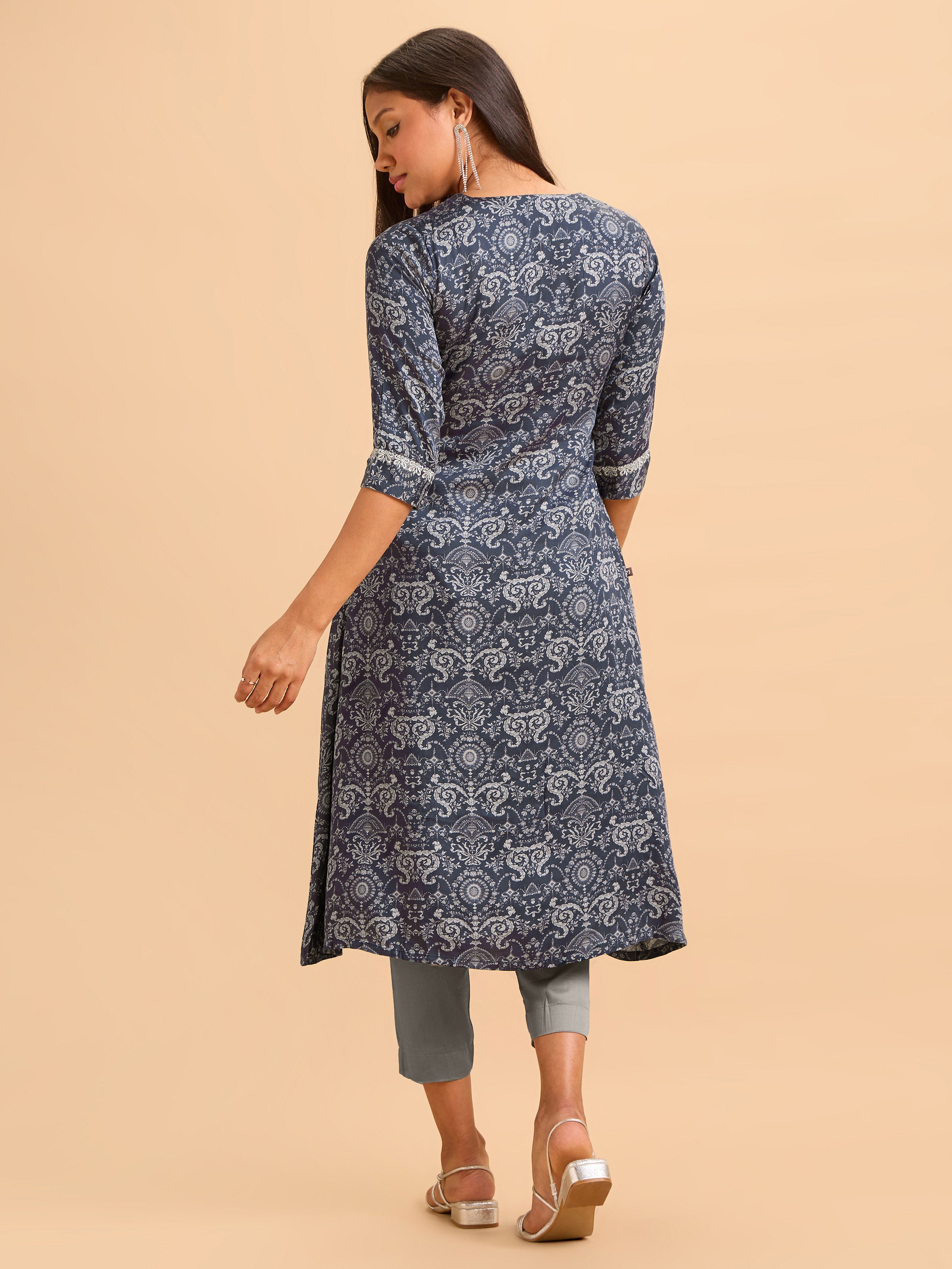 Navy Blue Modal Satin Printed Kurti Set With Embroidery