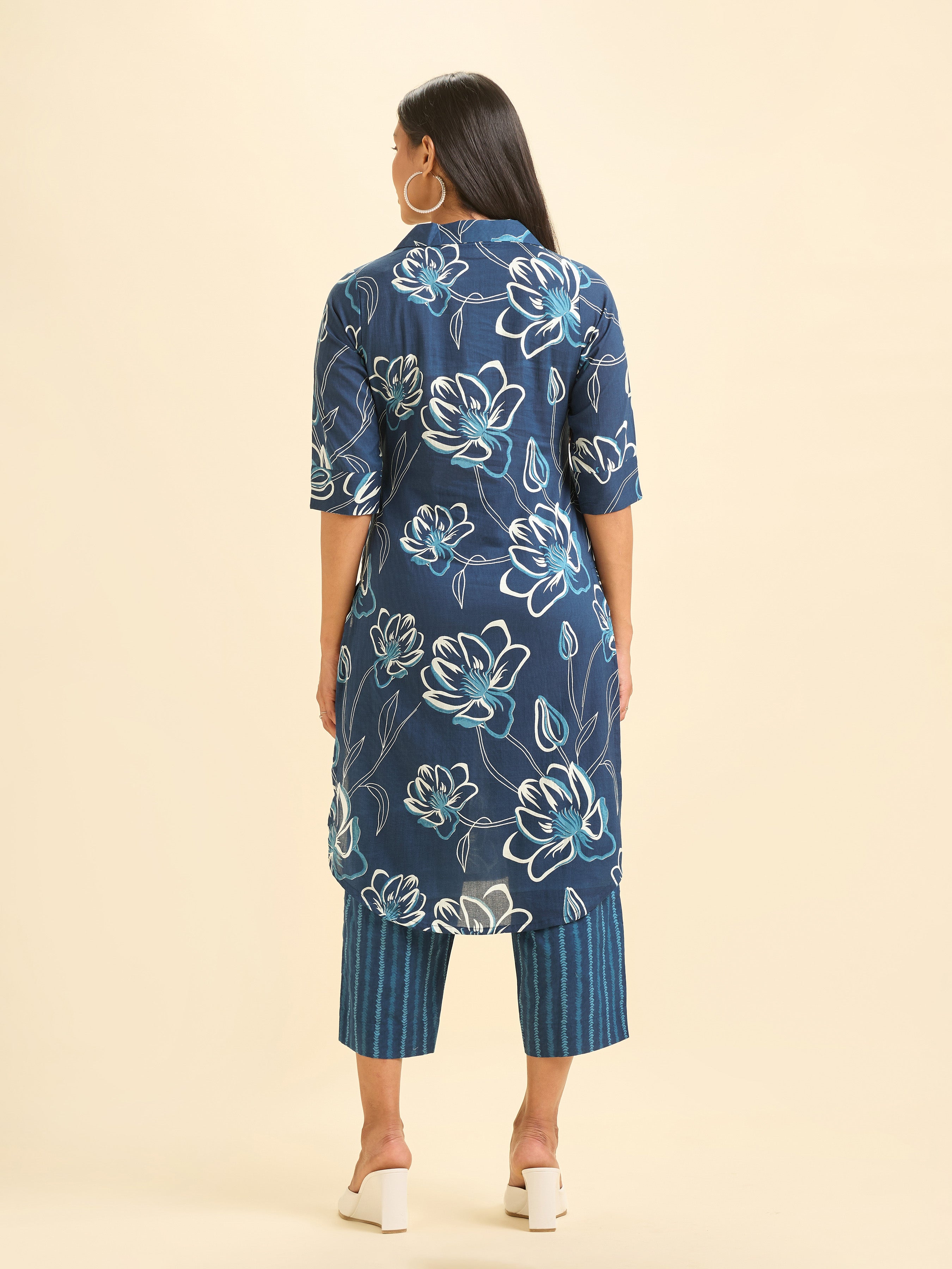 Royal Blue Pure Cotton Printed Slited Kurti Set With Knife Pleats And Curved Hem Line