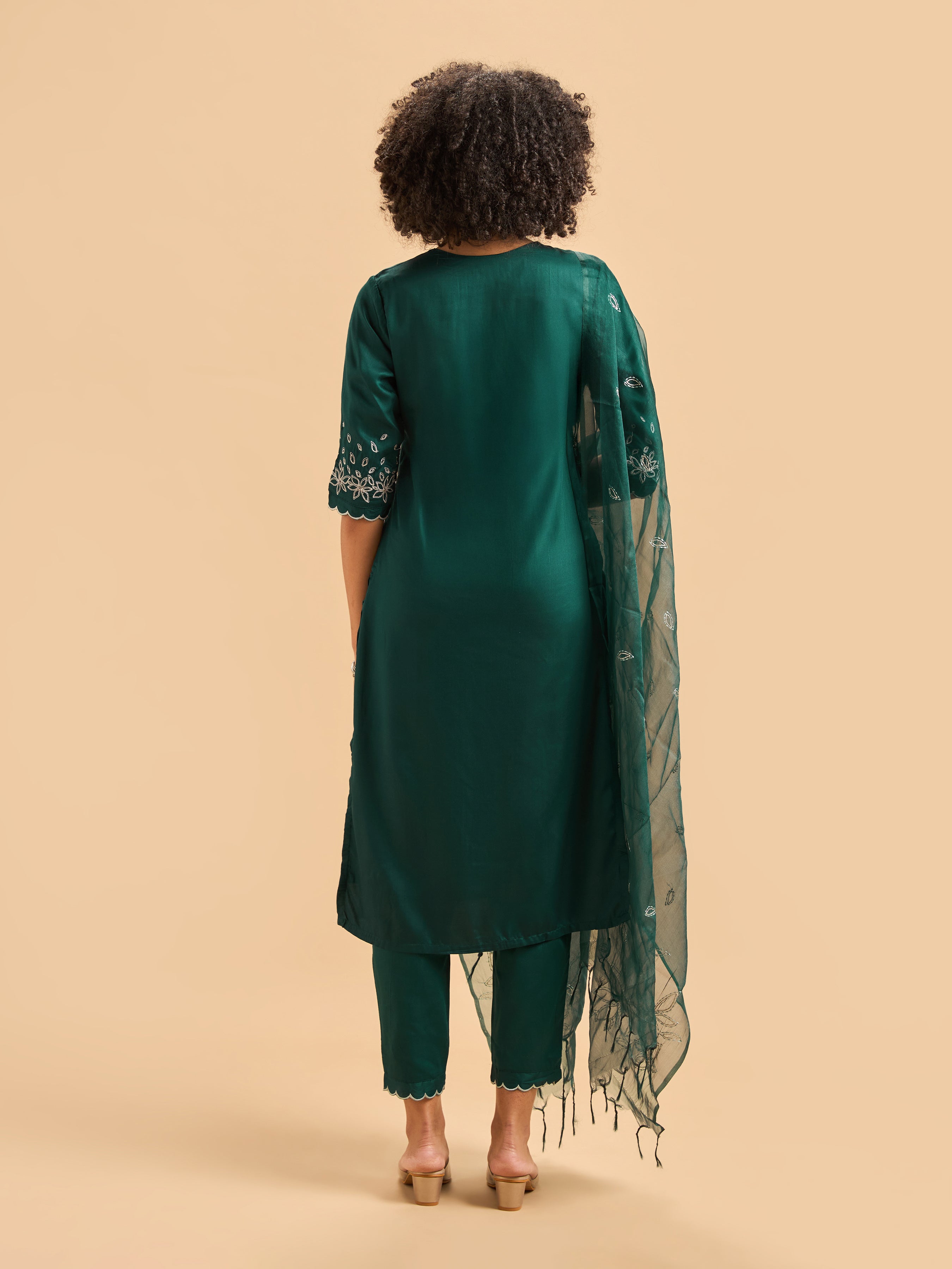 Teal Green Viscose Plain Kurti Set & Dupatta With Hand Work Embroidery