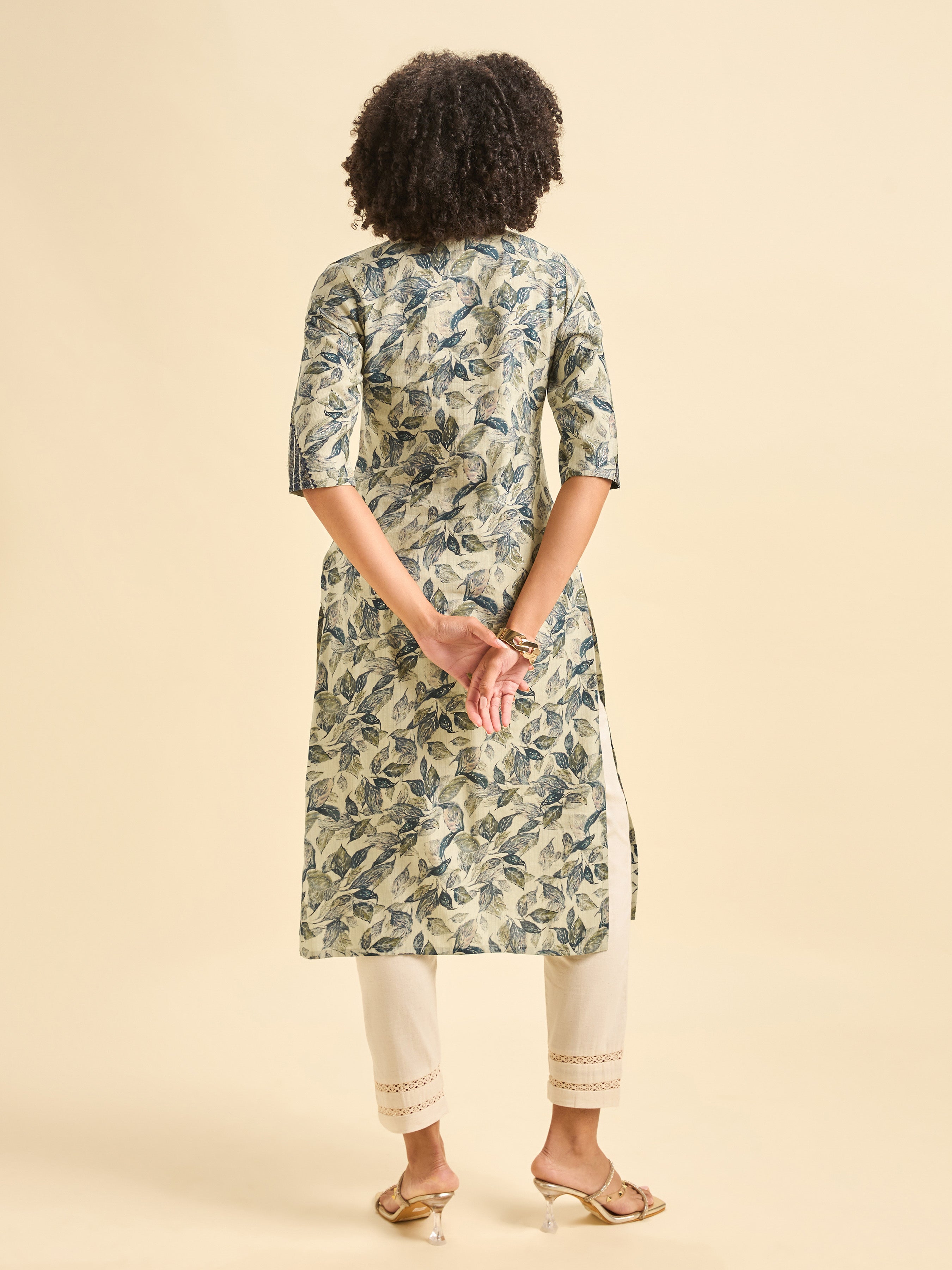 Ivory And Blue Viscose Blend Foil Printed Kurti With Embroidery