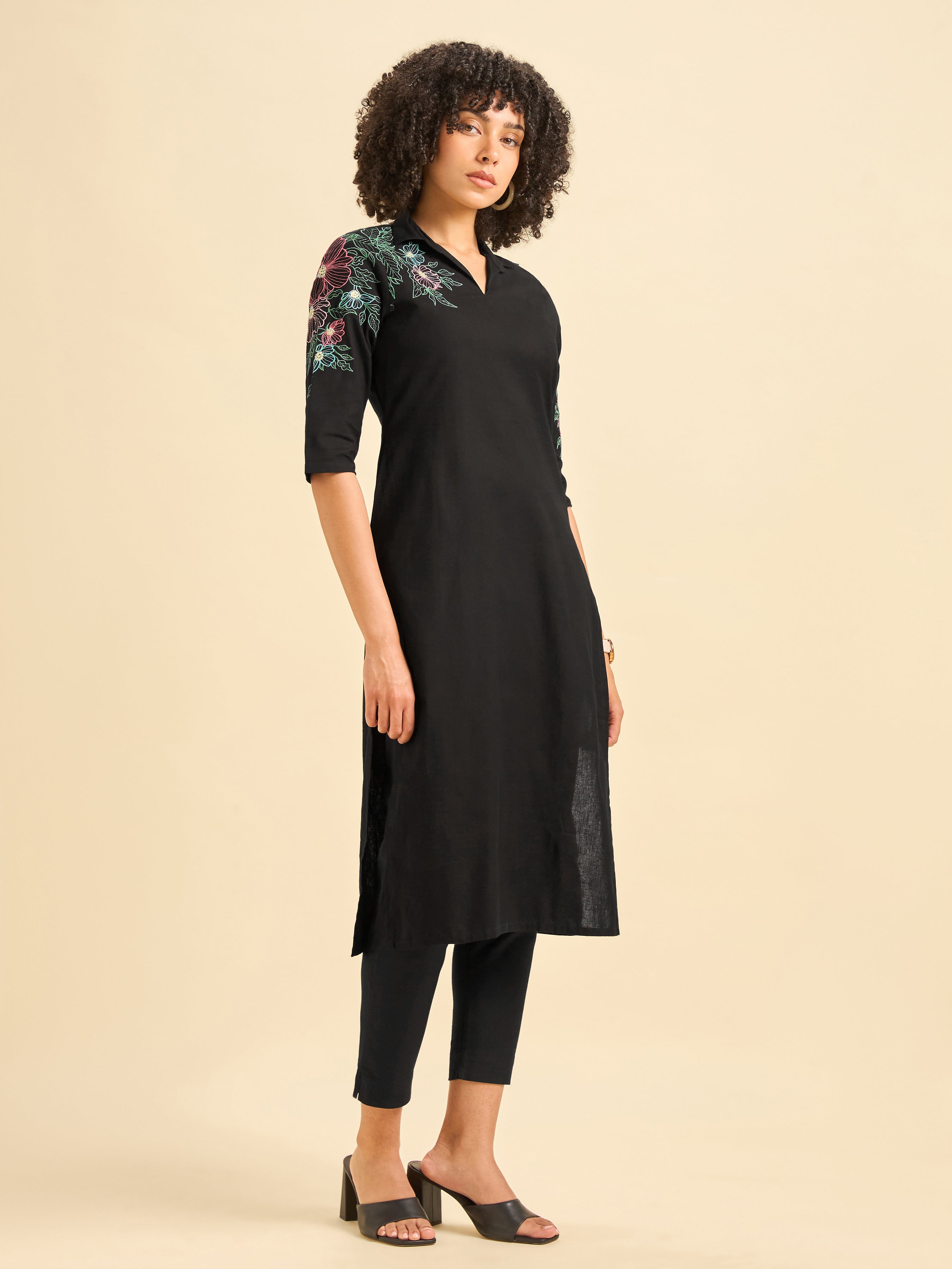 Black Cotton Flax Plain Slited Kurti With Embroidery
