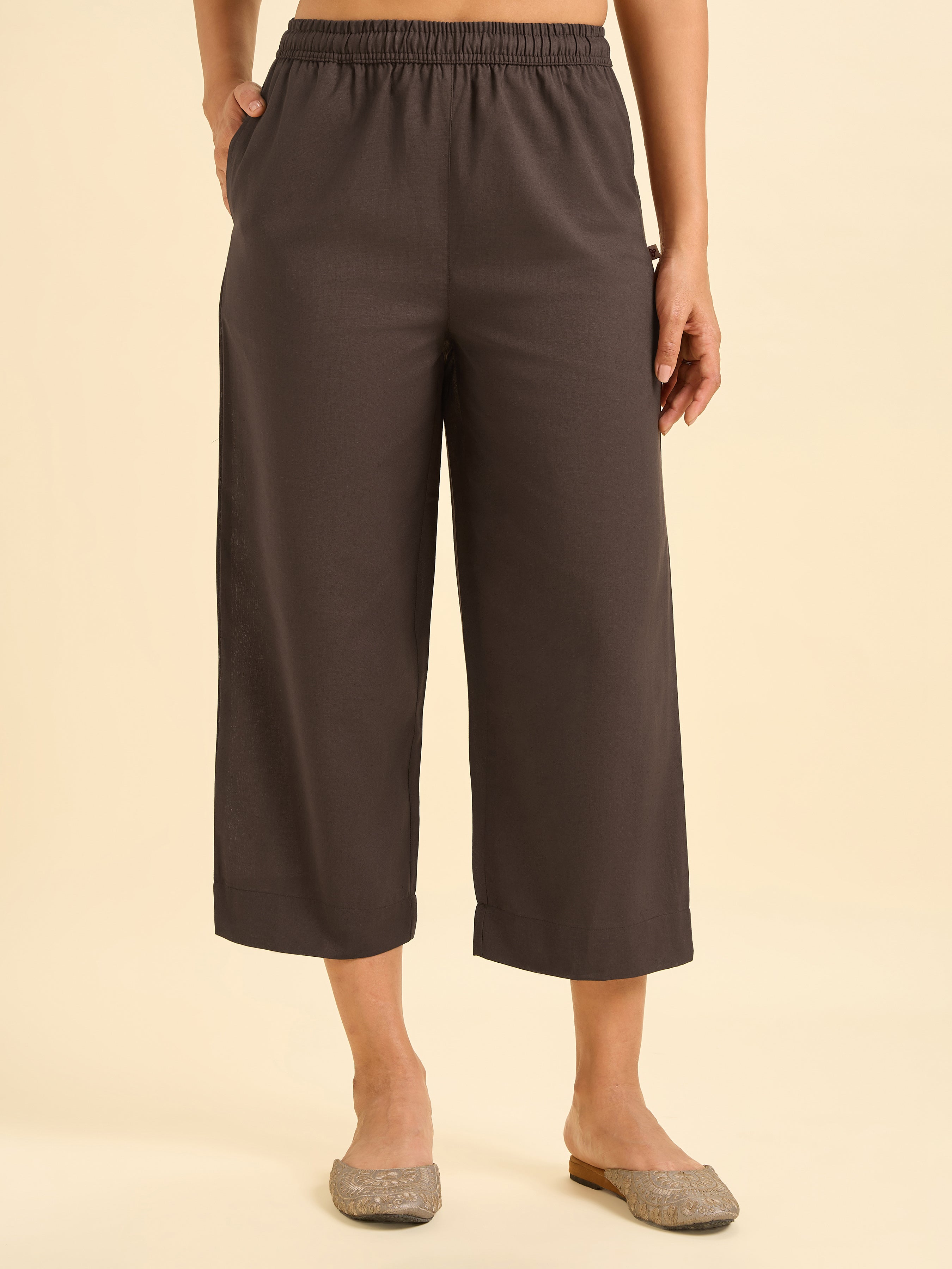 Coffee Brown Cotton Flax Slit Cord Set With Embroidery
