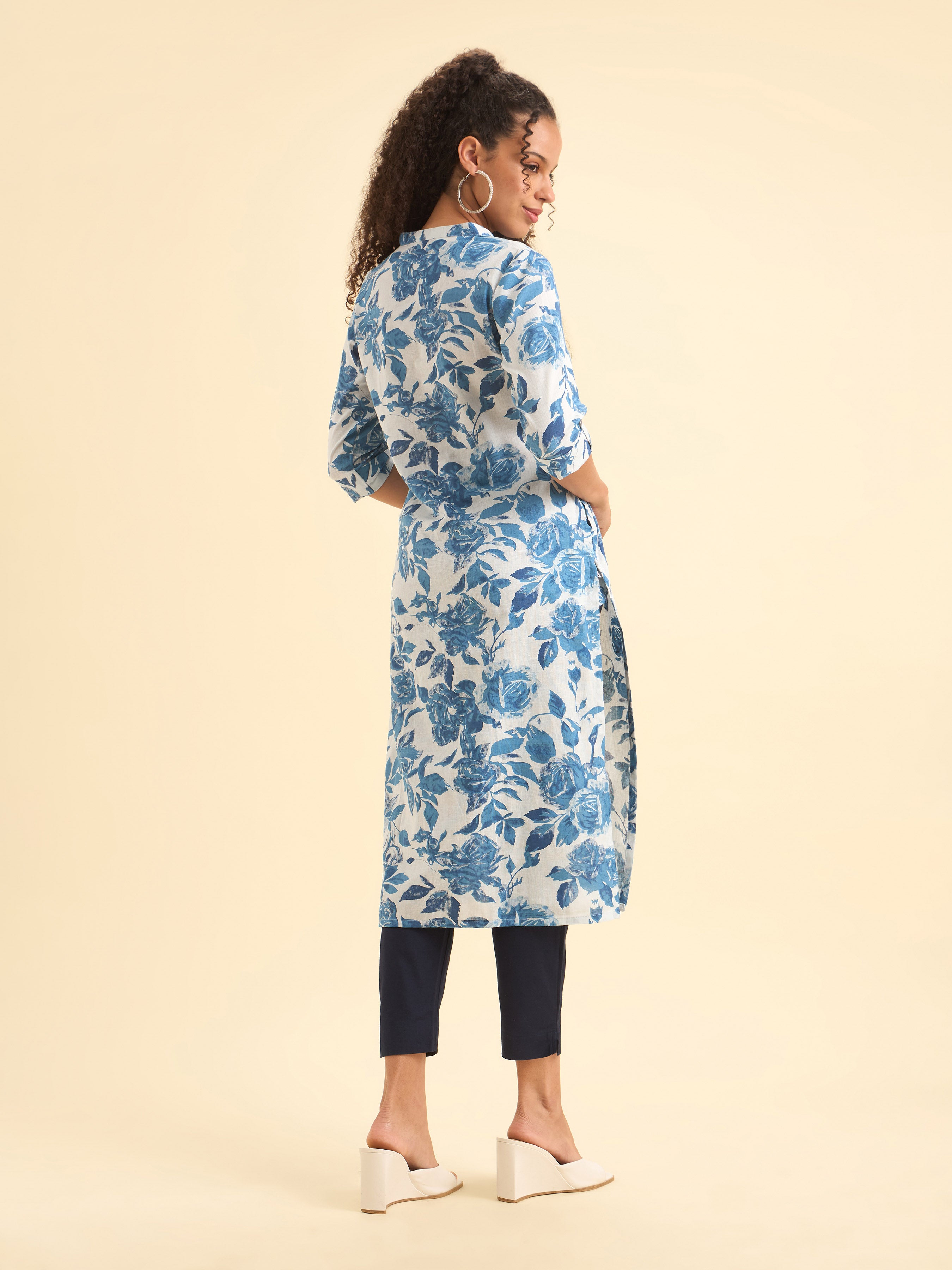 White Blue Colour Cotton Flax Printed Slit Kurti With Placket