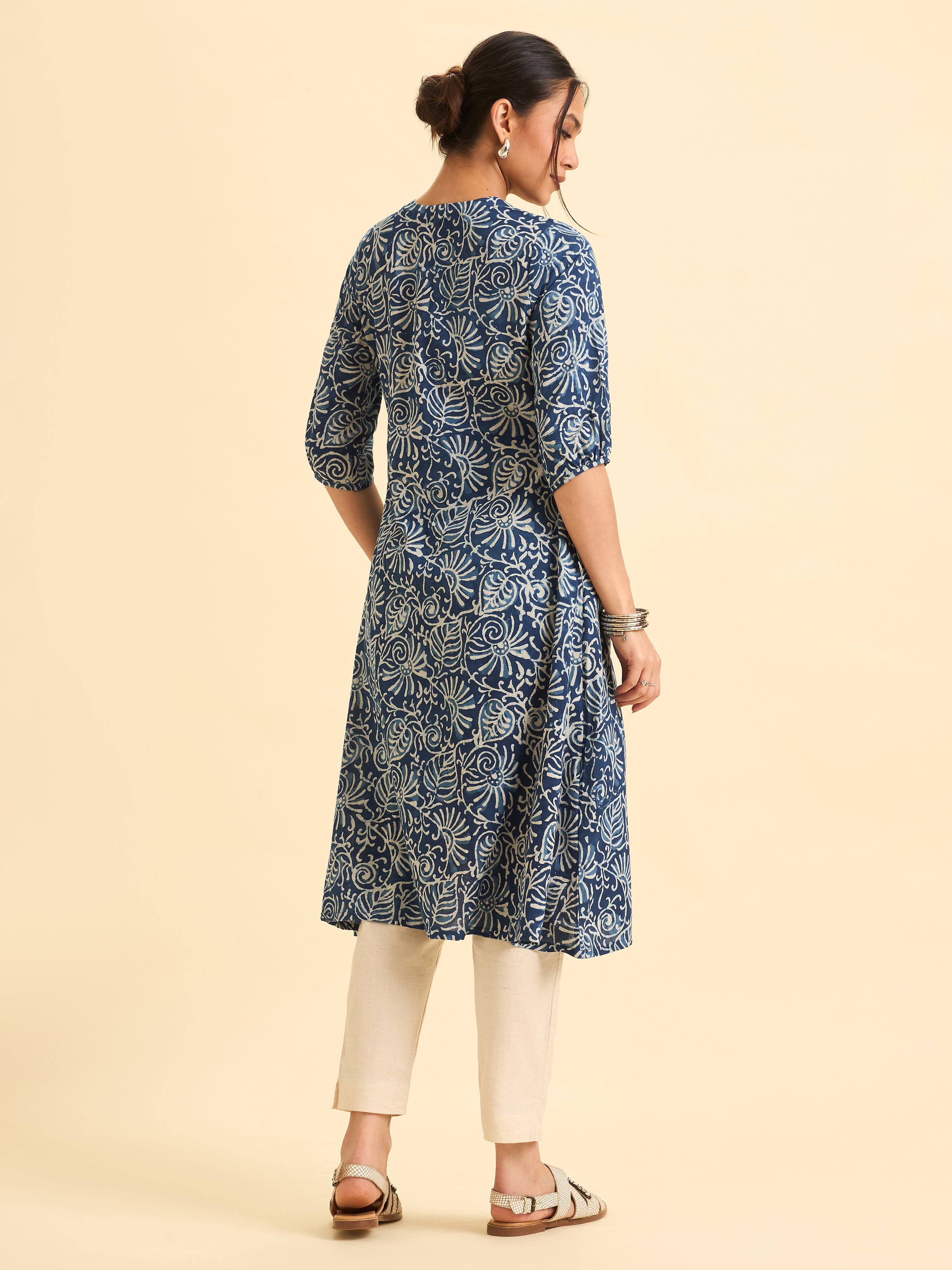 Indigo Pure Cotton Printed Flared Kurti With Sequins Work