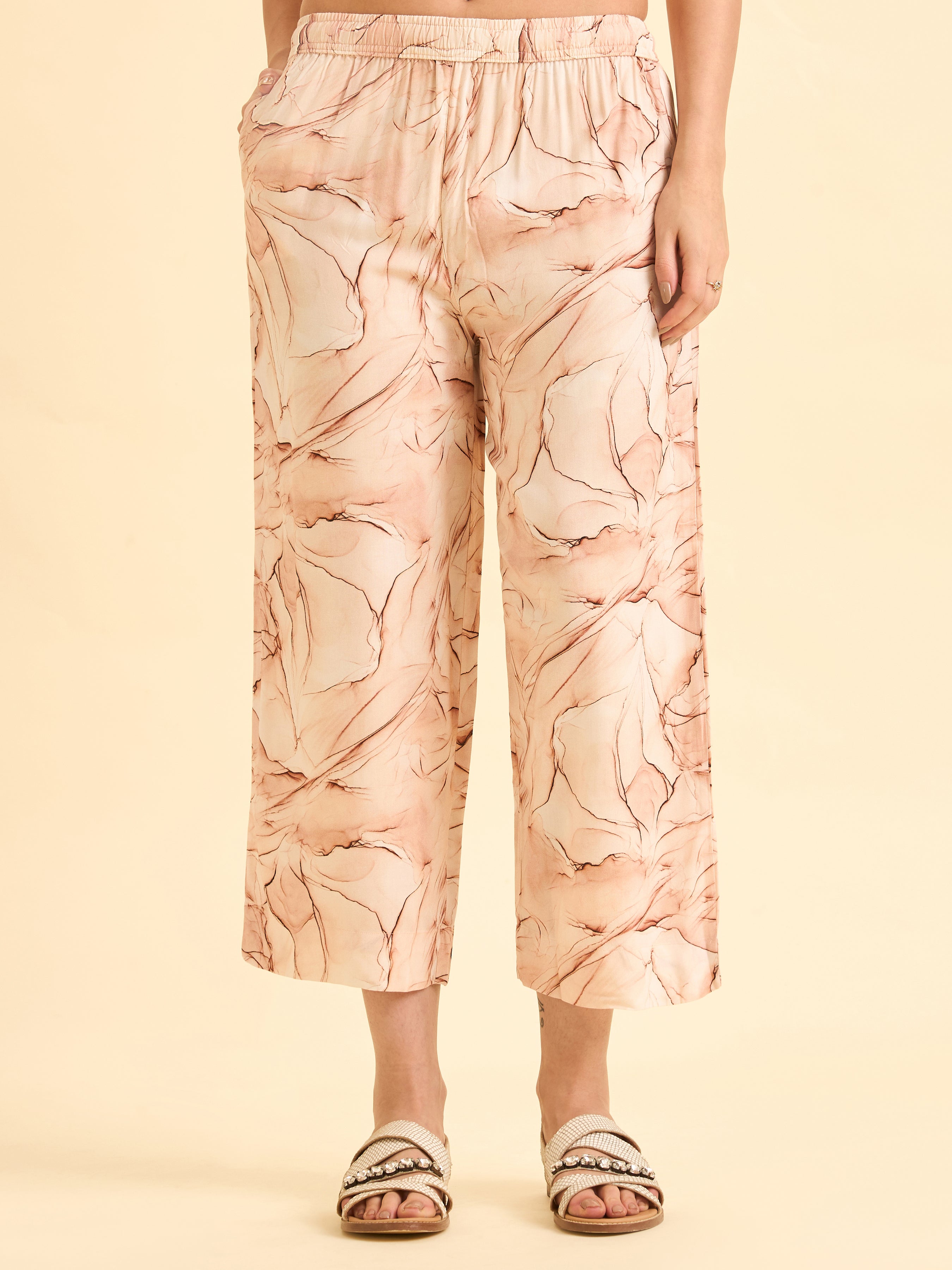 Blush Pink And Brown Viscose Printed Kurti Set With Lace