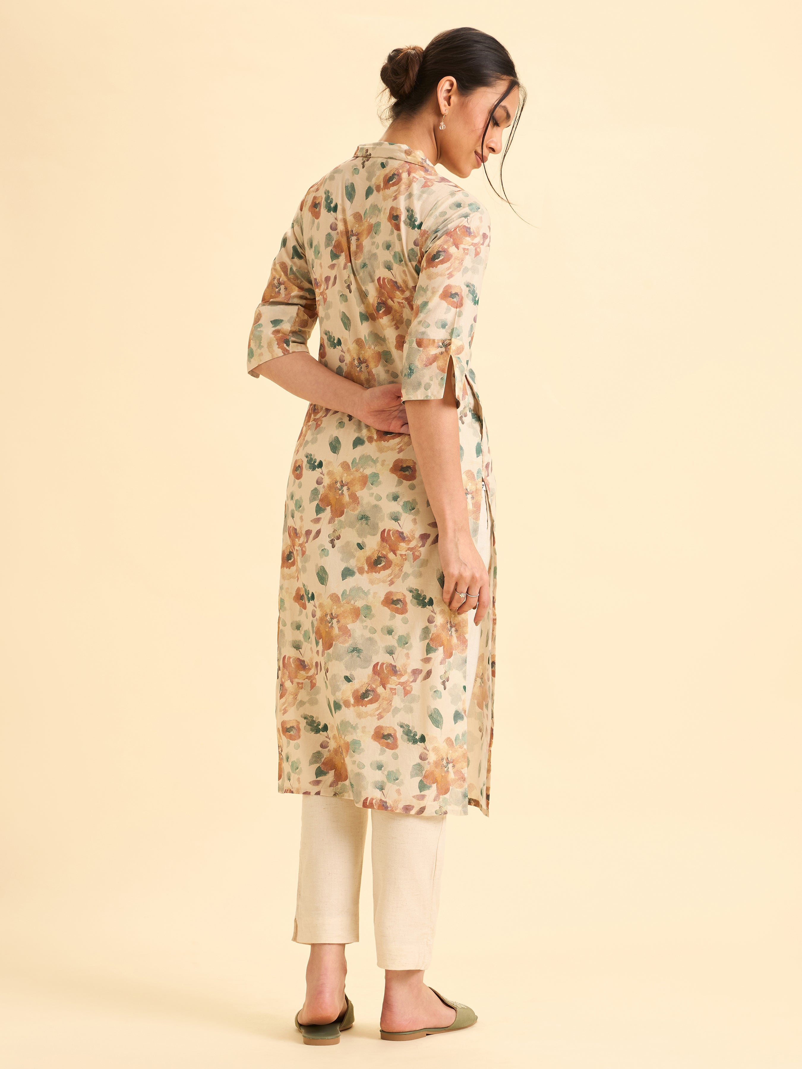 Ivory Cotton Printed Slited Kurti With Multi Colour Print