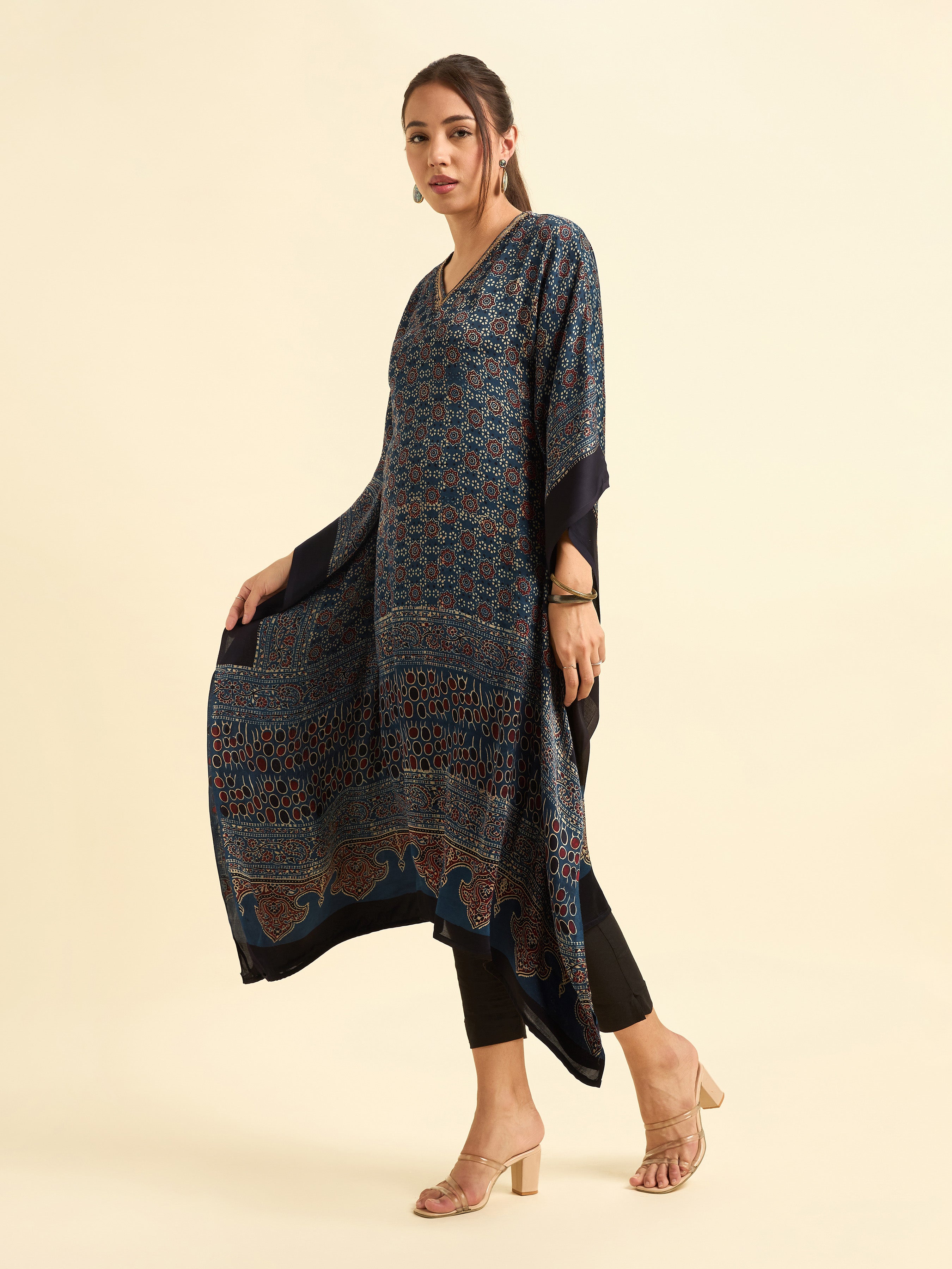 Navy Blue Multi Colour Modal Satin Kaftan With Sequins Embroidery