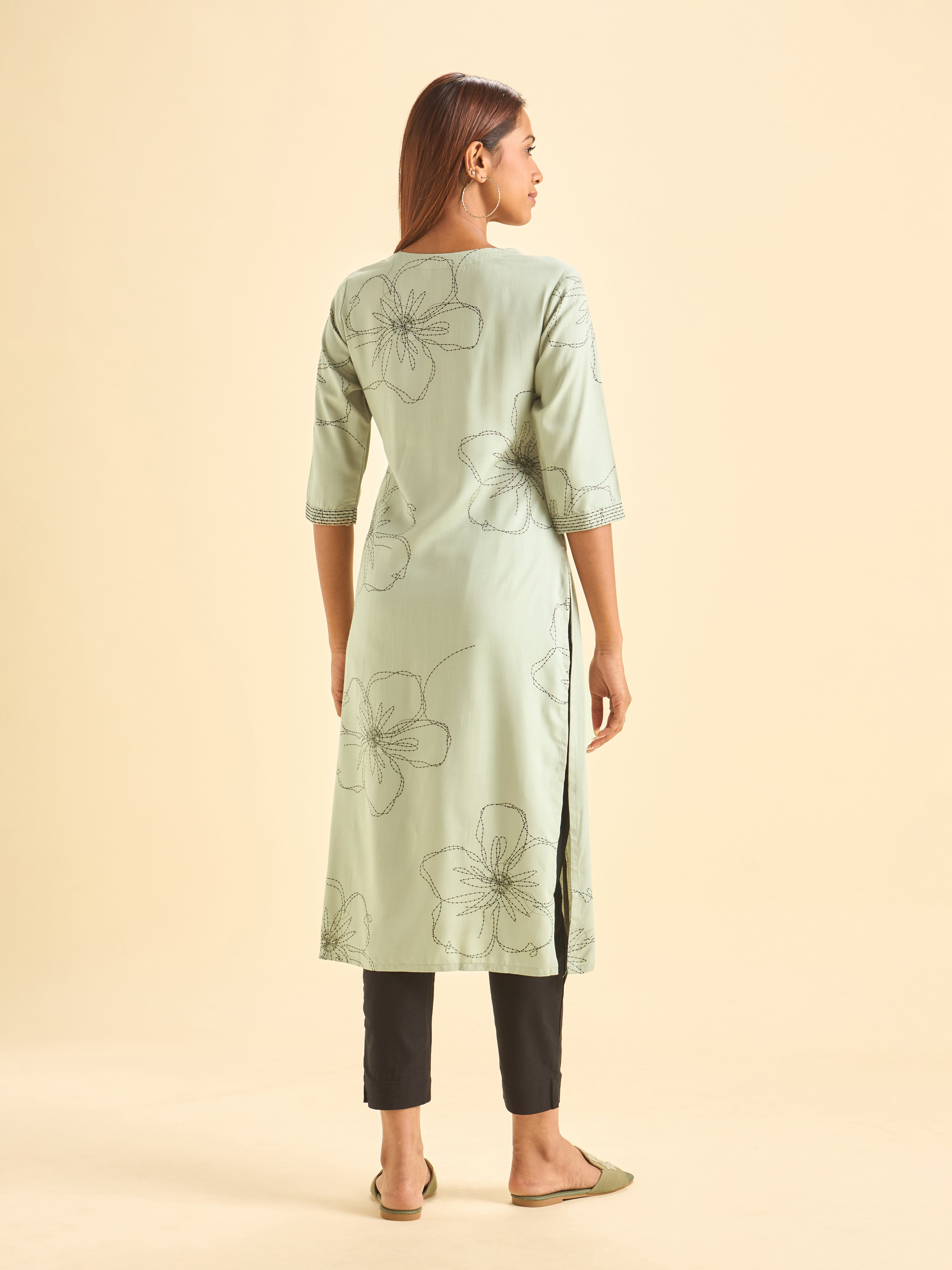 Pastel Green and Black Viscose Printed Flared Kurti With Embroidery