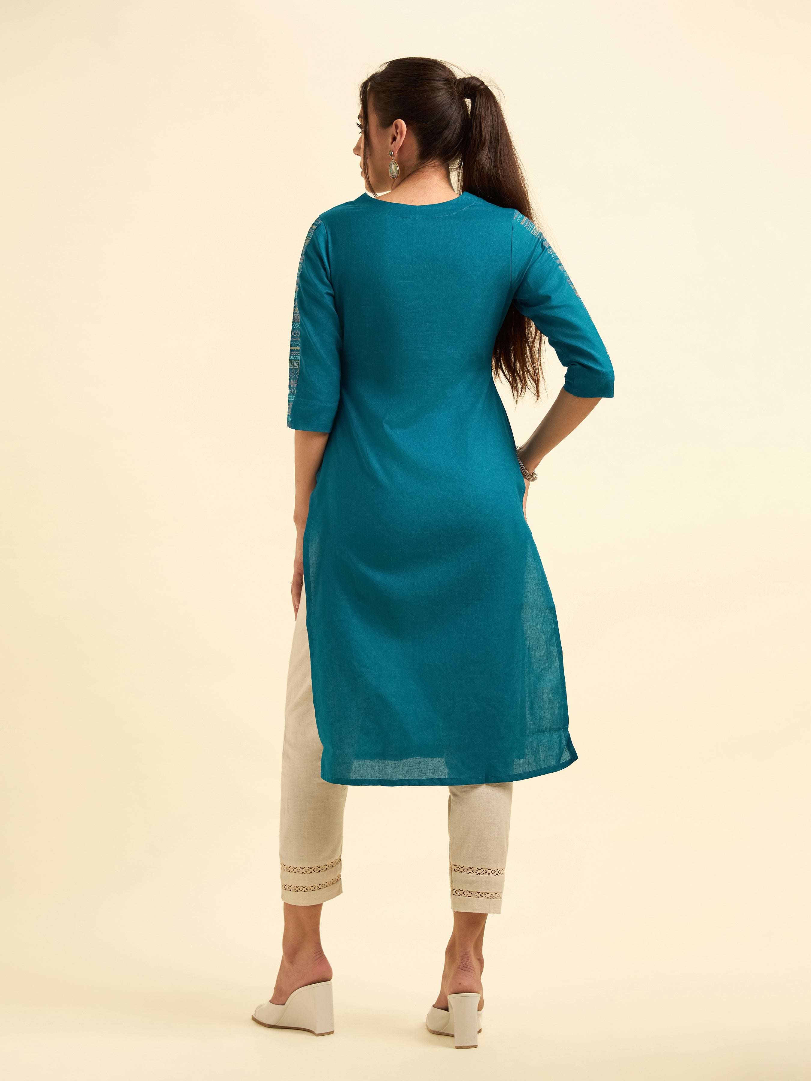 Peacock Blue Cotton Flax Slitted Kurti With Embroidery