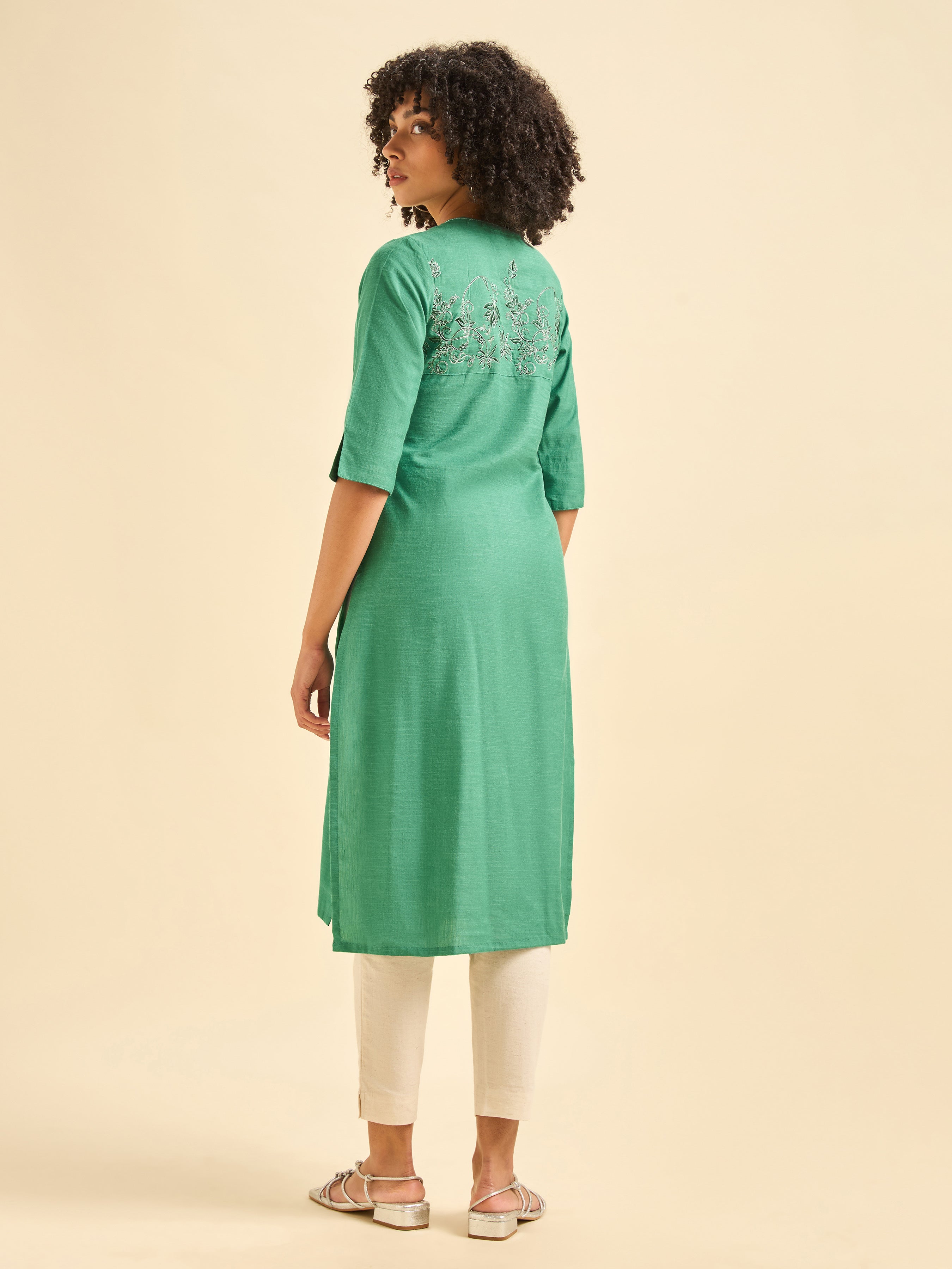 Aqua Green Cotton Viscose Flared Kurti With Embroidery