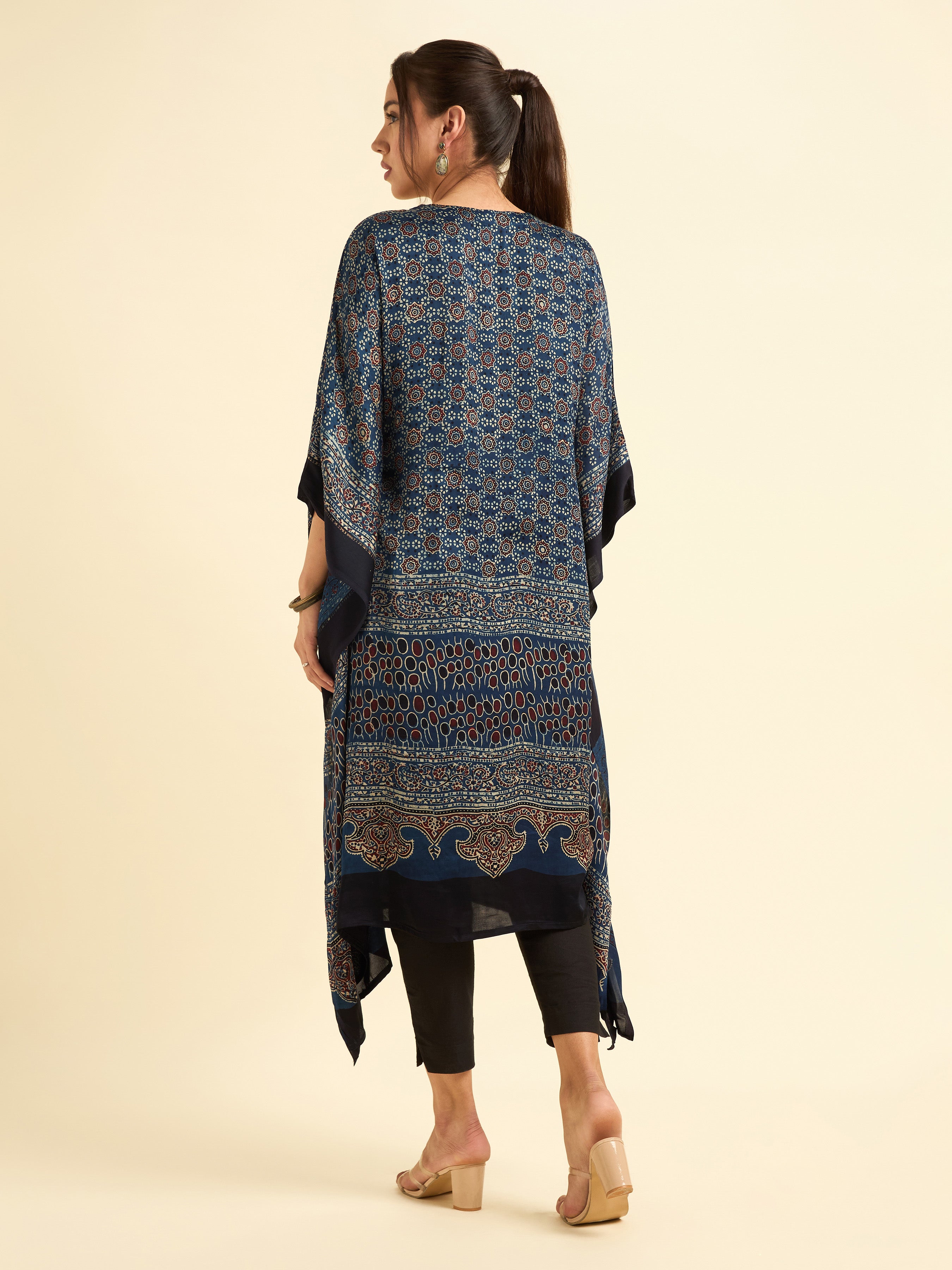Navy Blue Multi Colour Modal Satin Kaftan With Sequins Embroidery