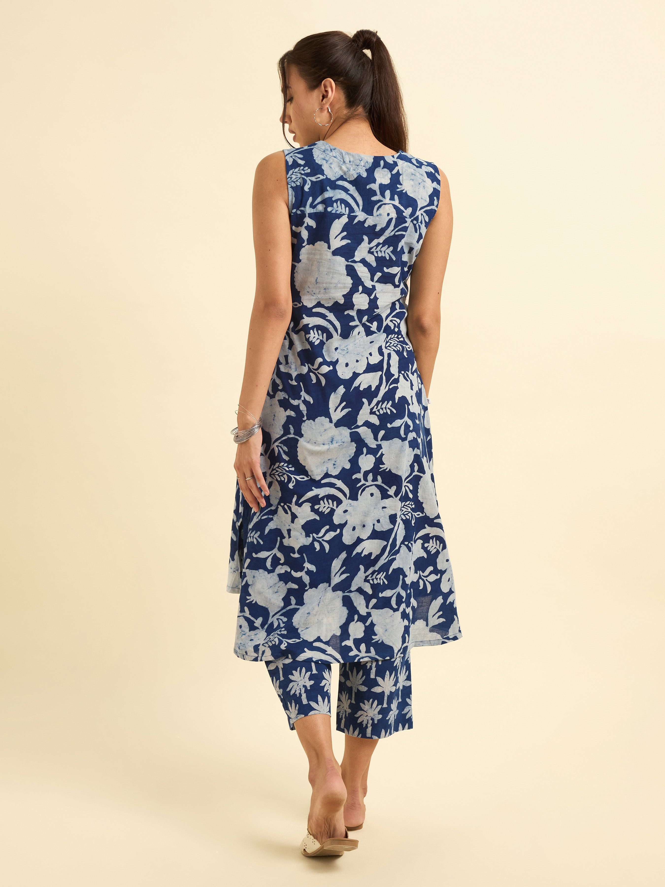 Indigo Cotton Natural Printed Kurti With Bottom
