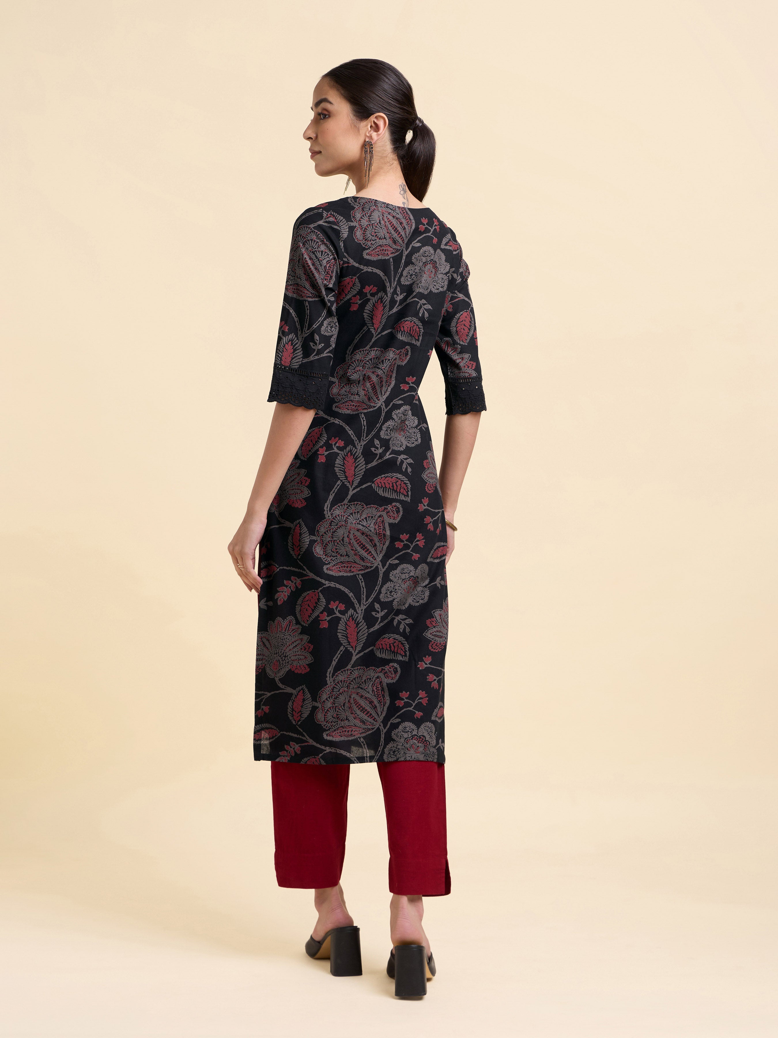 Black Multicolour Cotton Flax Printed Slitted Kurti With Lace