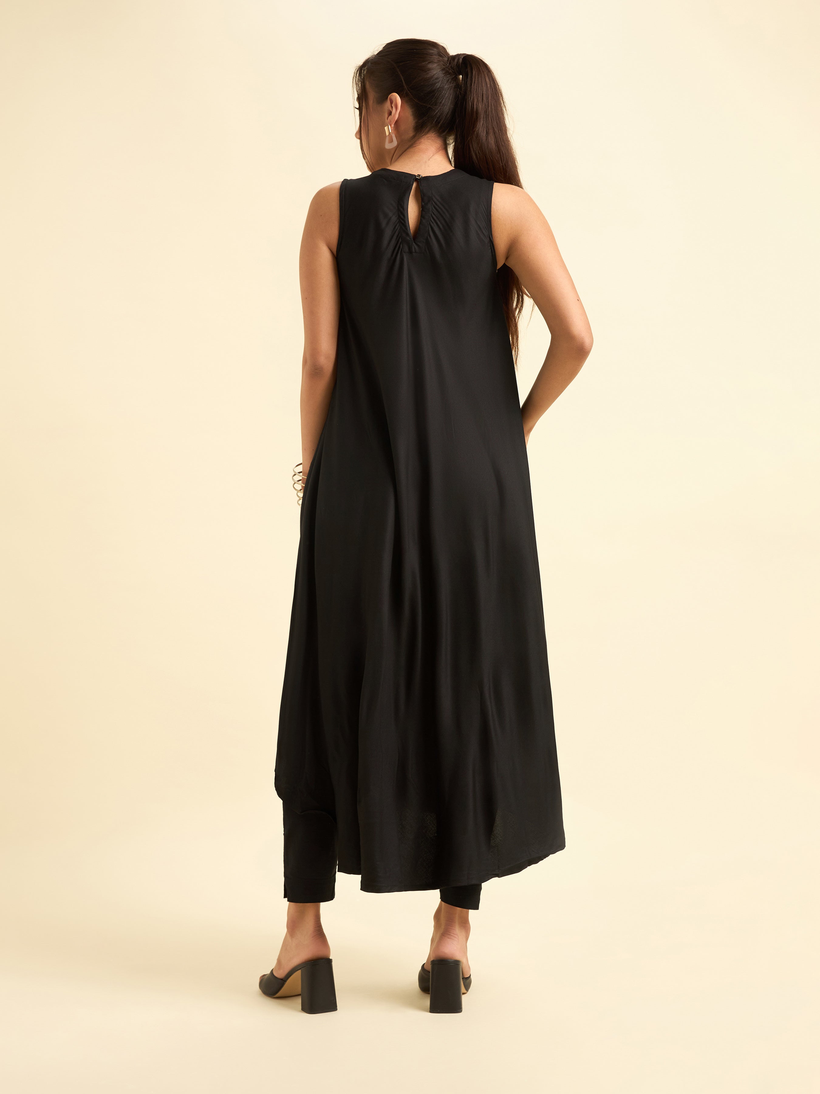 Black Colour Viscose Plain Flared Kurti With Mirror Work Embroidery