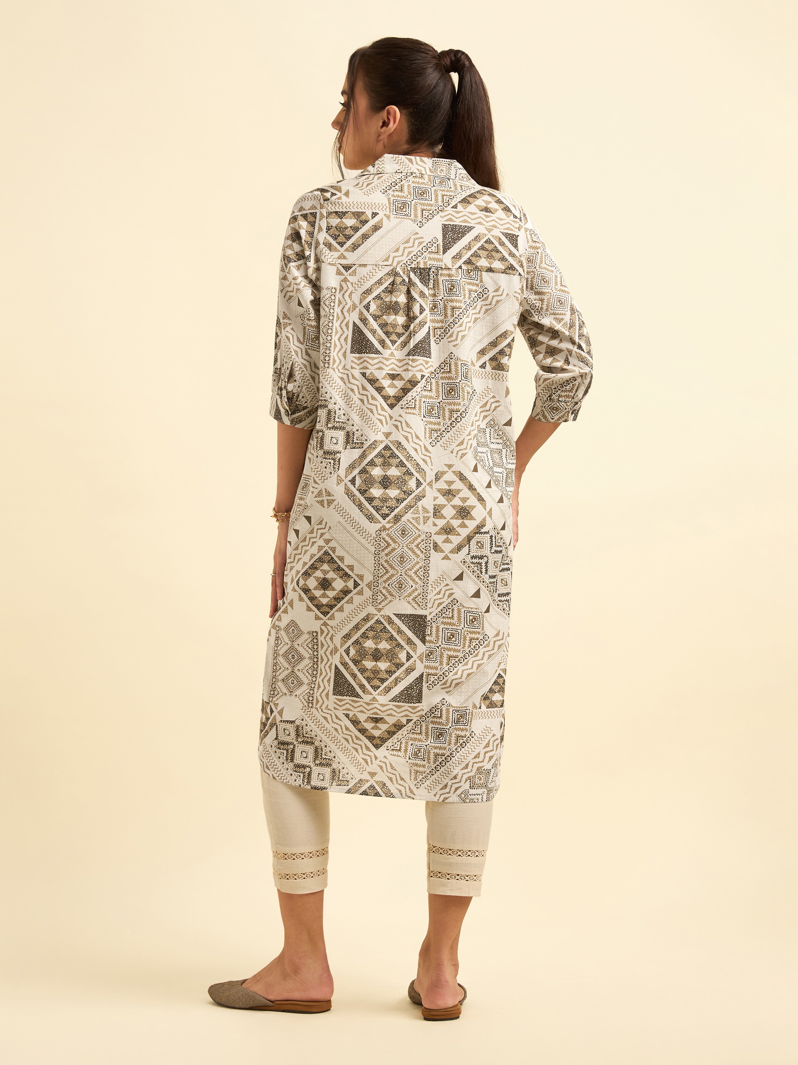 Ivory Multi Cotton Flax Printed Flared Kurti With Relaxed Fit