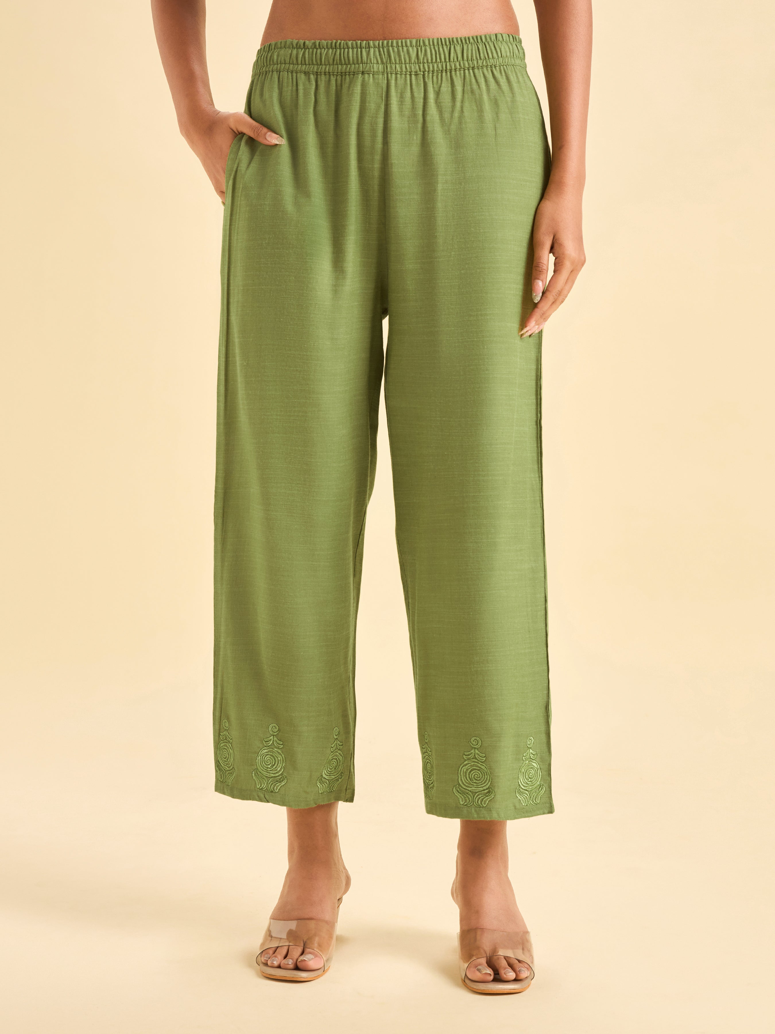 Pista Green Viscose Plain Kurti With Embroidery with Viscose Plain Bottom