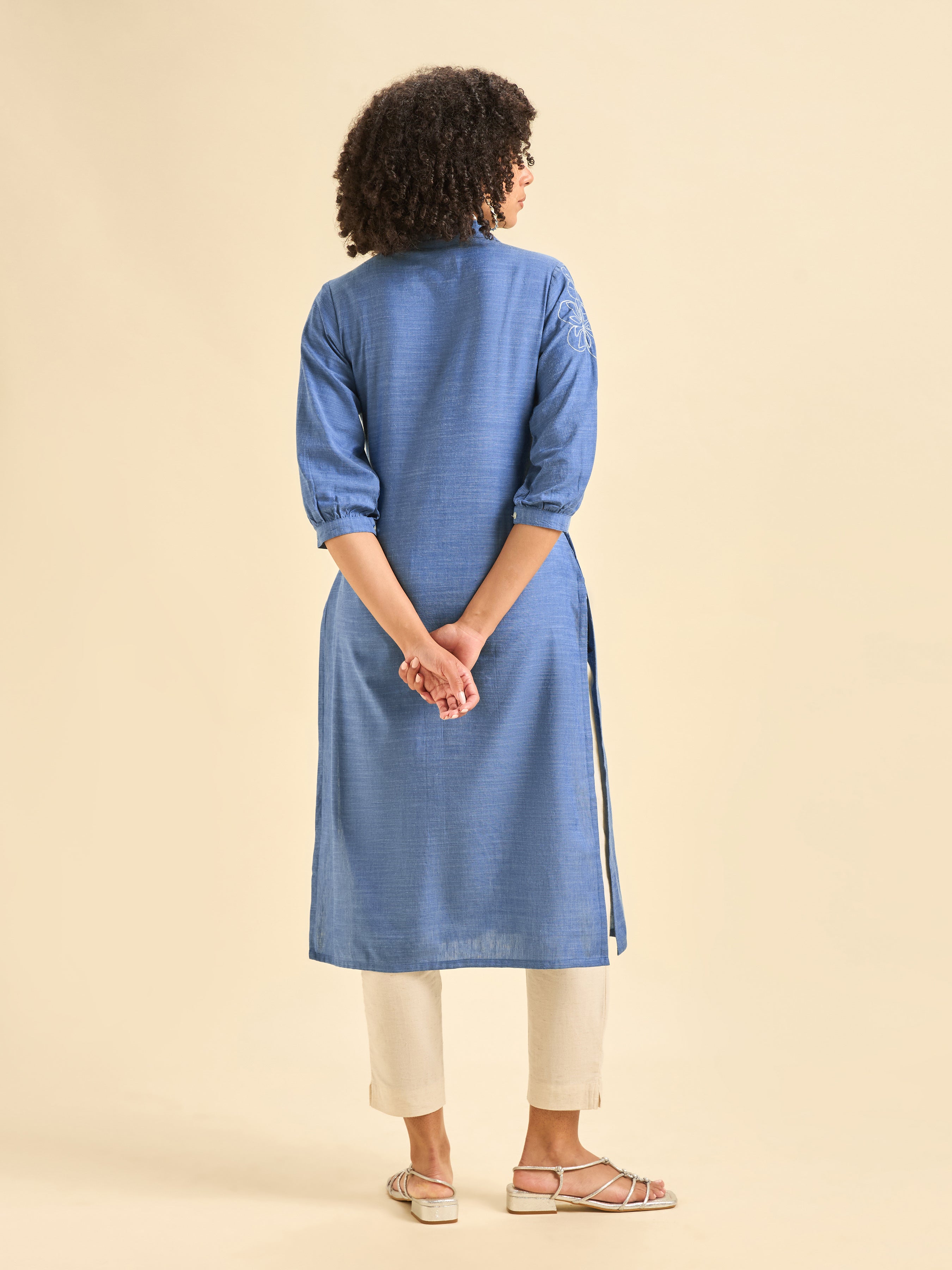 Blue Cotton Viscose Kurti With Embroidery