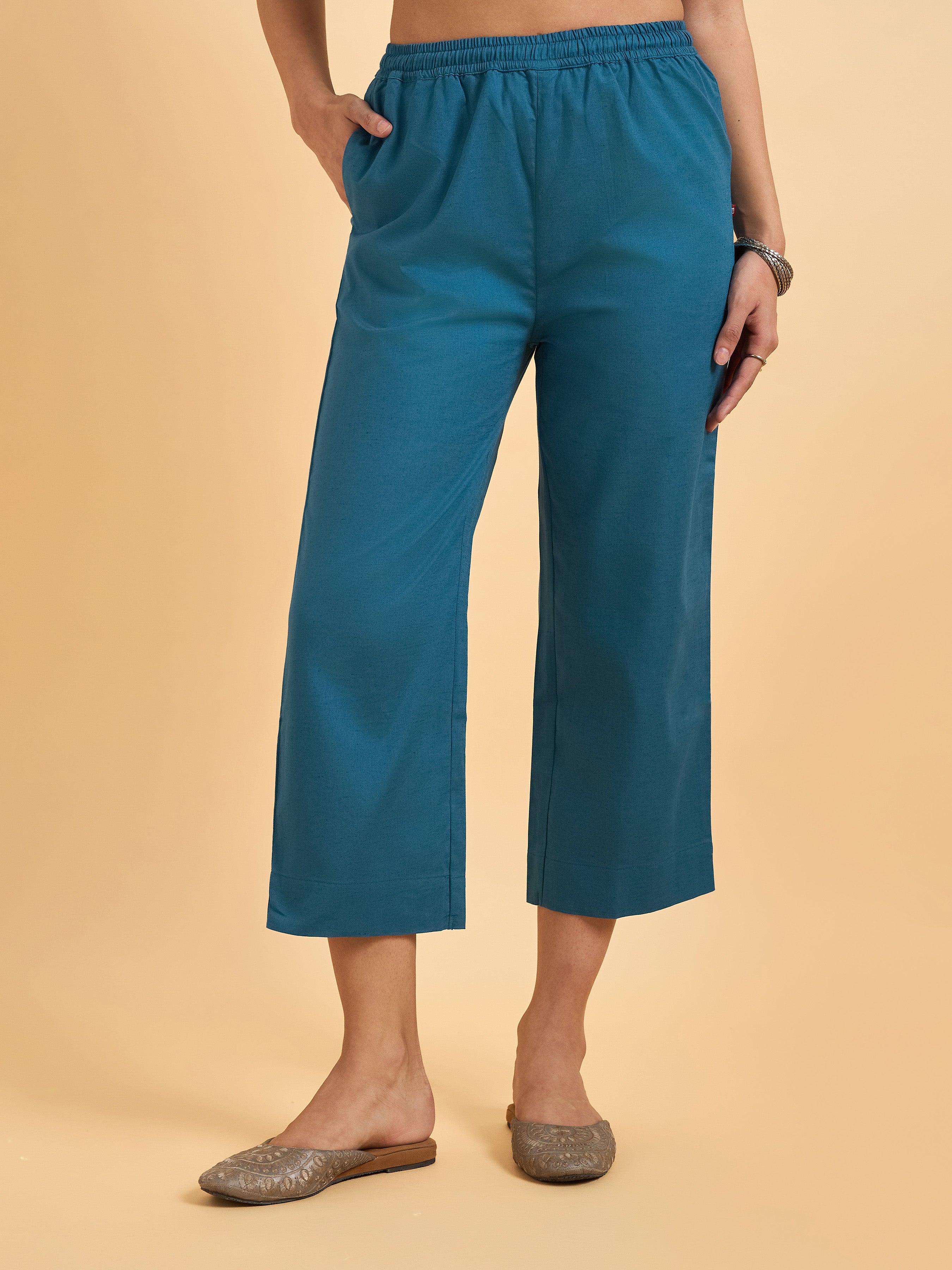 Classic Blue Cotton Flax Plain Kurti Set With Kalamkari Dupatta And Sequence Embroidery