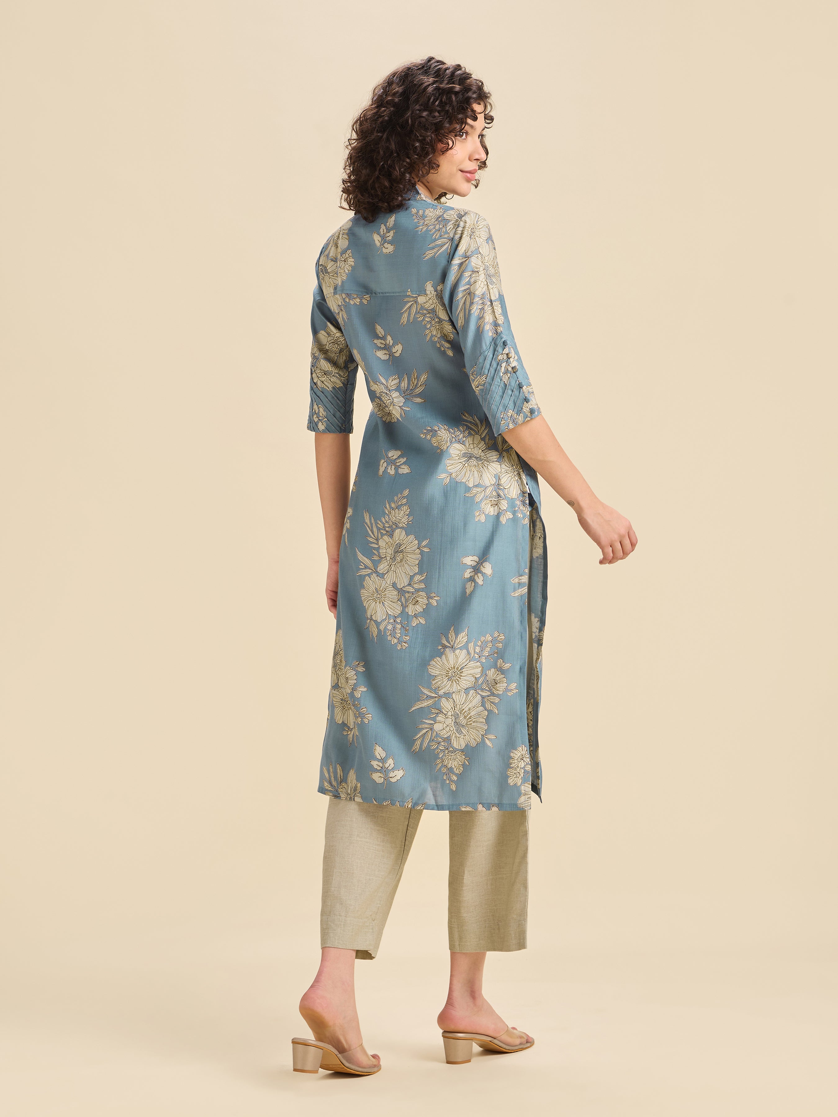 Sky Blue Viscose Blend Printed Kurta With Embroidery