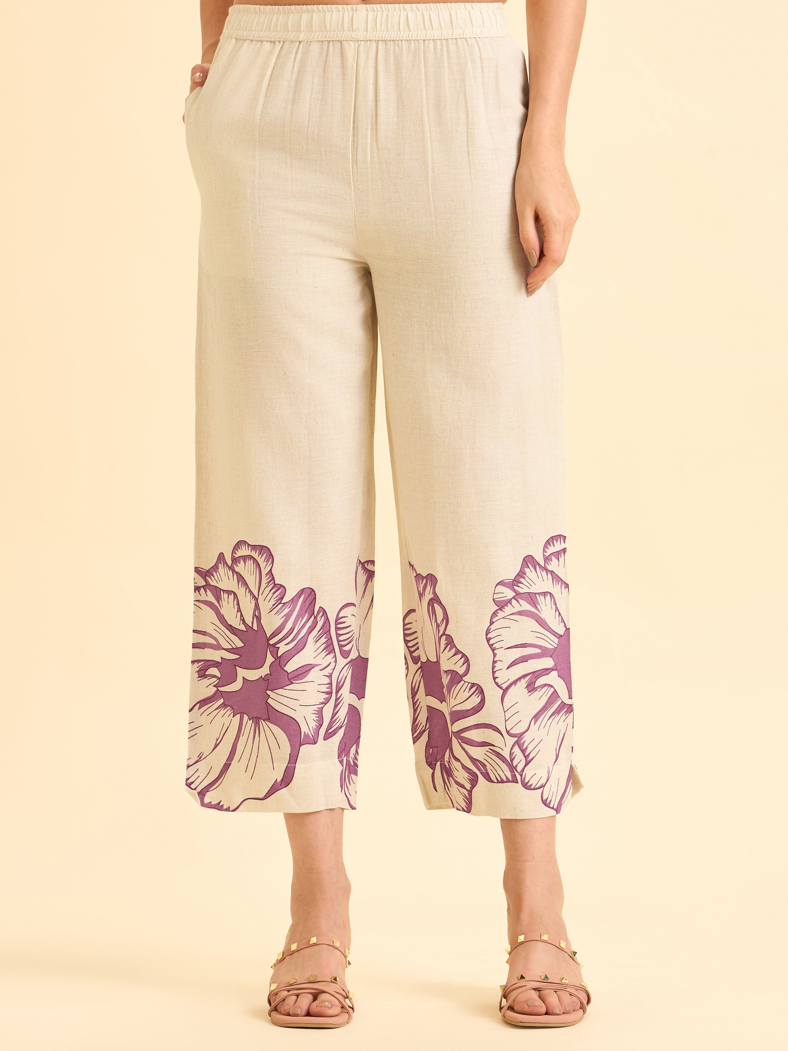 Ivory And Pink Cotton Flax Printed Kurti With Embroidery