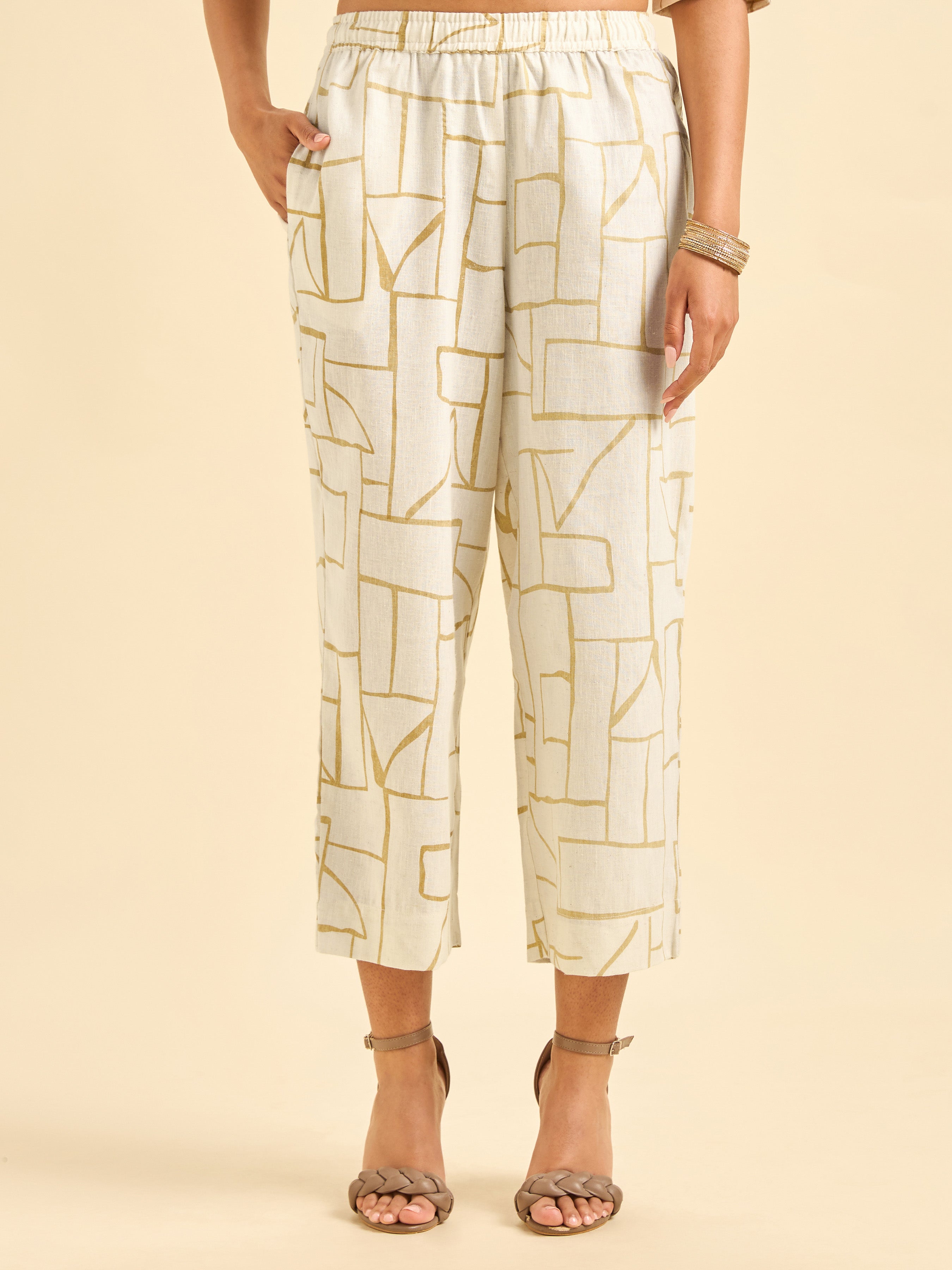 Ivory Cotton Linen Slited Printed Co-Ord Set