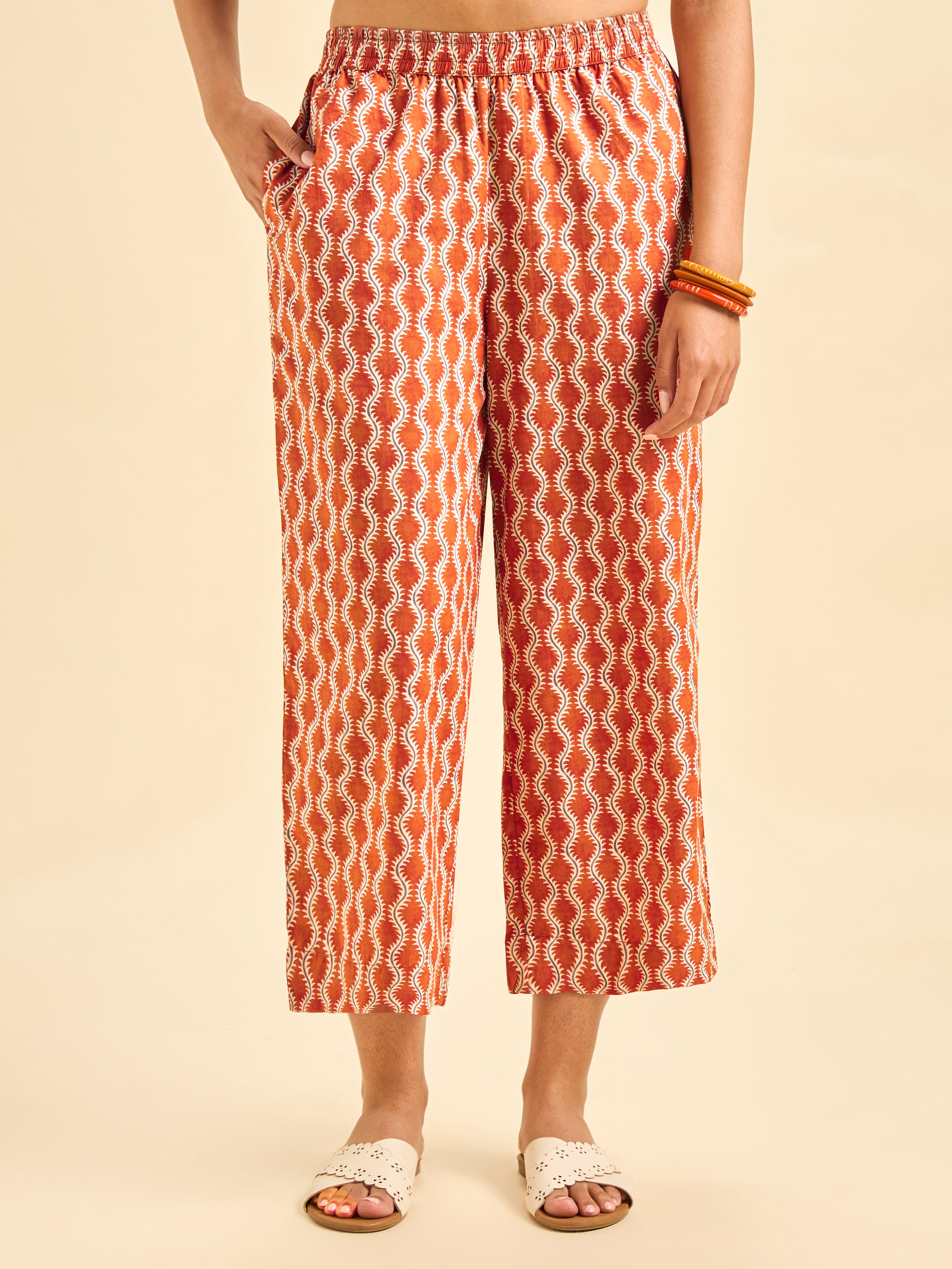 Rust Orange Cotton Printed Co-Ord Set With Lace