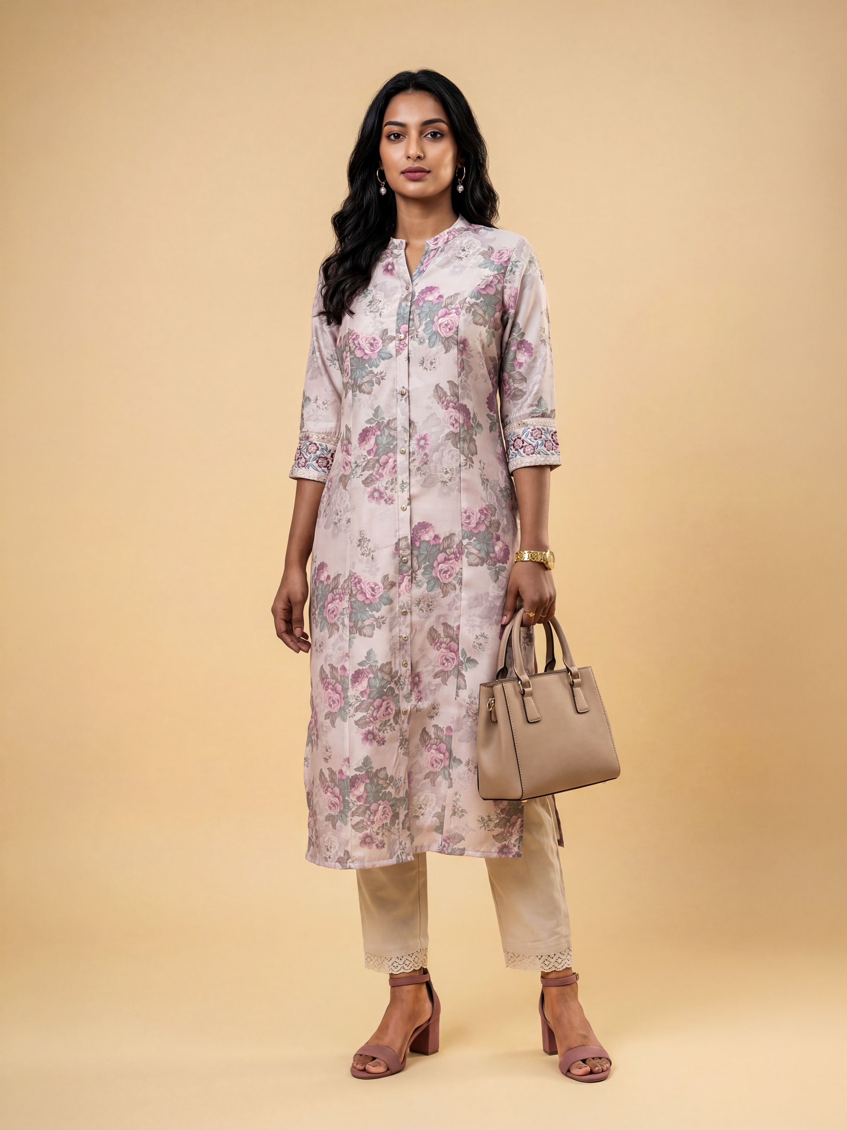Blush Pink Multicolor Viscose Blend Printed Slit Princess-Cut Kurti With Embroidery And Sequin Work