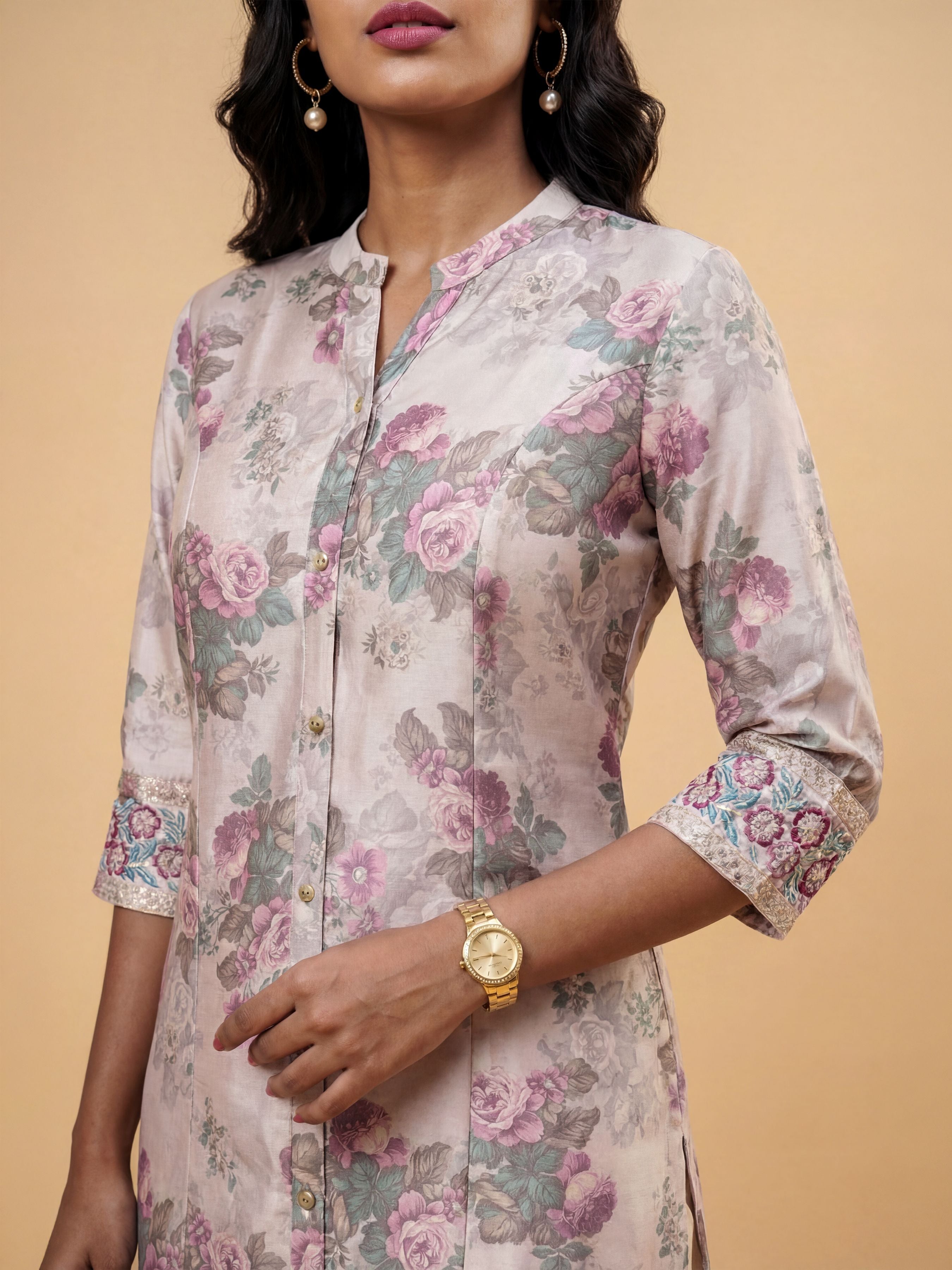 Blush Pink Multicolor Viscose Blend Printed Slit Princess-Cut Kurti With Embroidery And Sequin Work