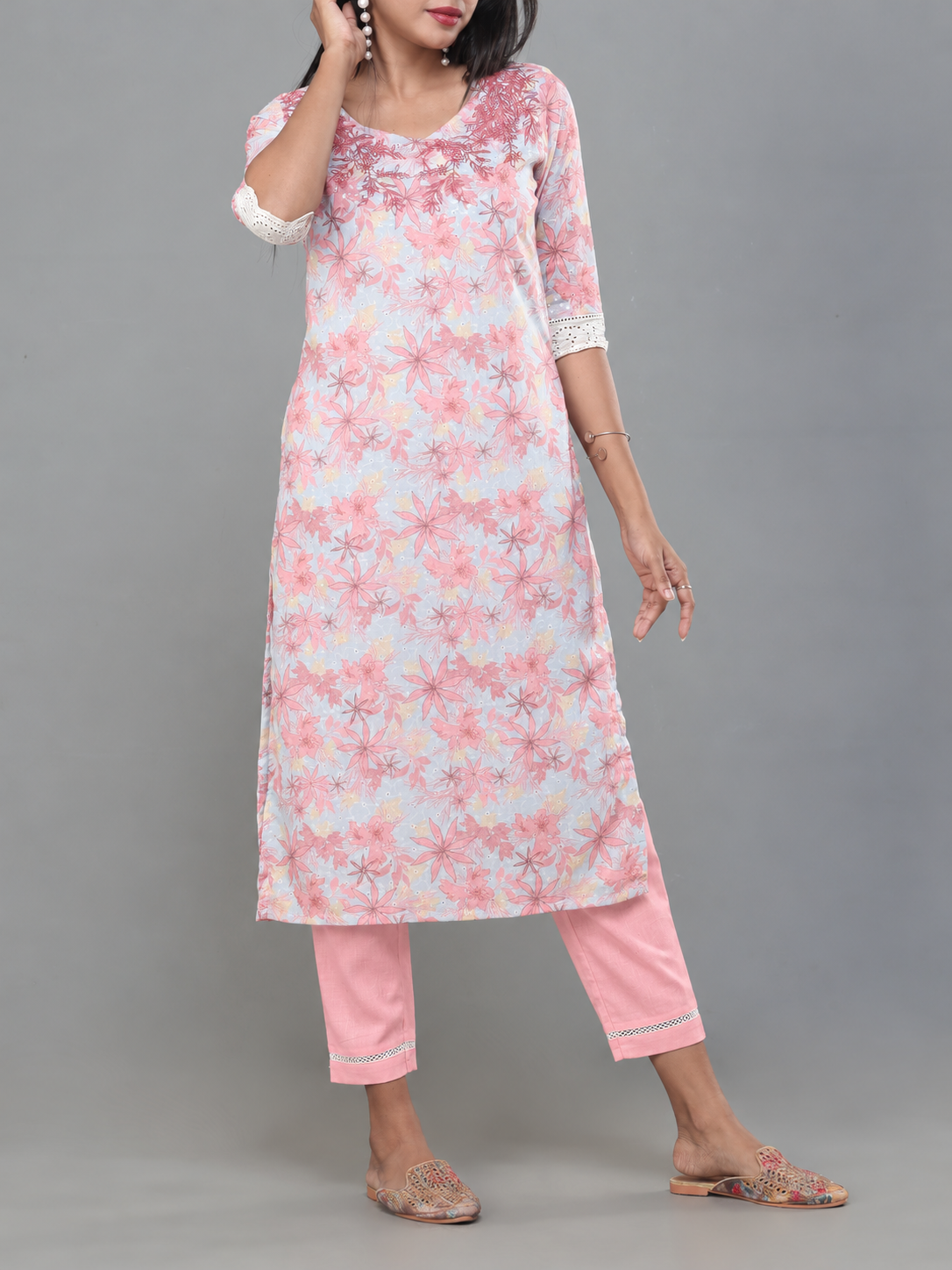 Multi Colour Poly Cotton Schiffli Printed Kurti With Embroidery And Matching Bottom