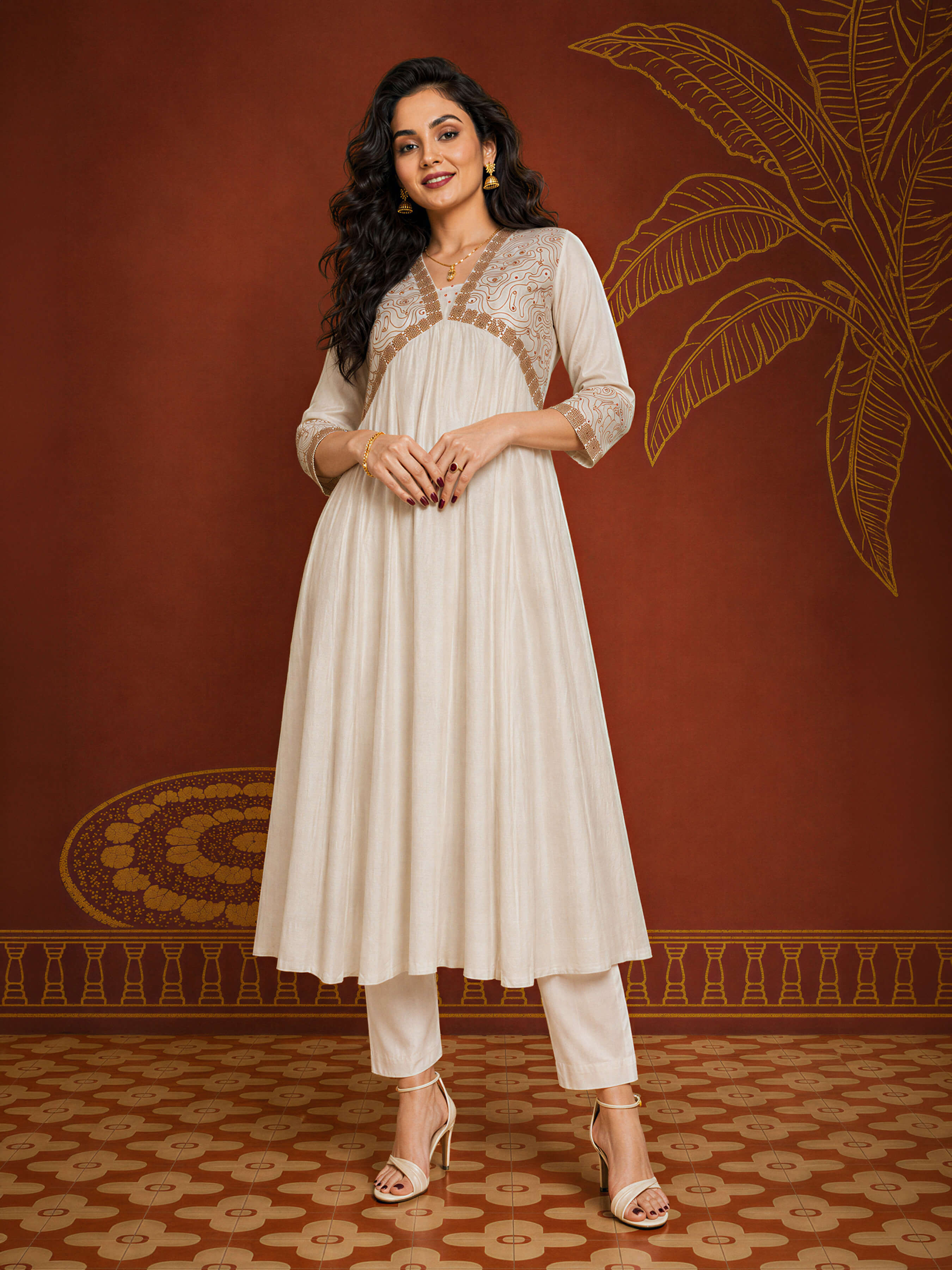 Ivory Mull Chanderi Plain Flared Kali Cut Kurti With Sequence Work Embroidery