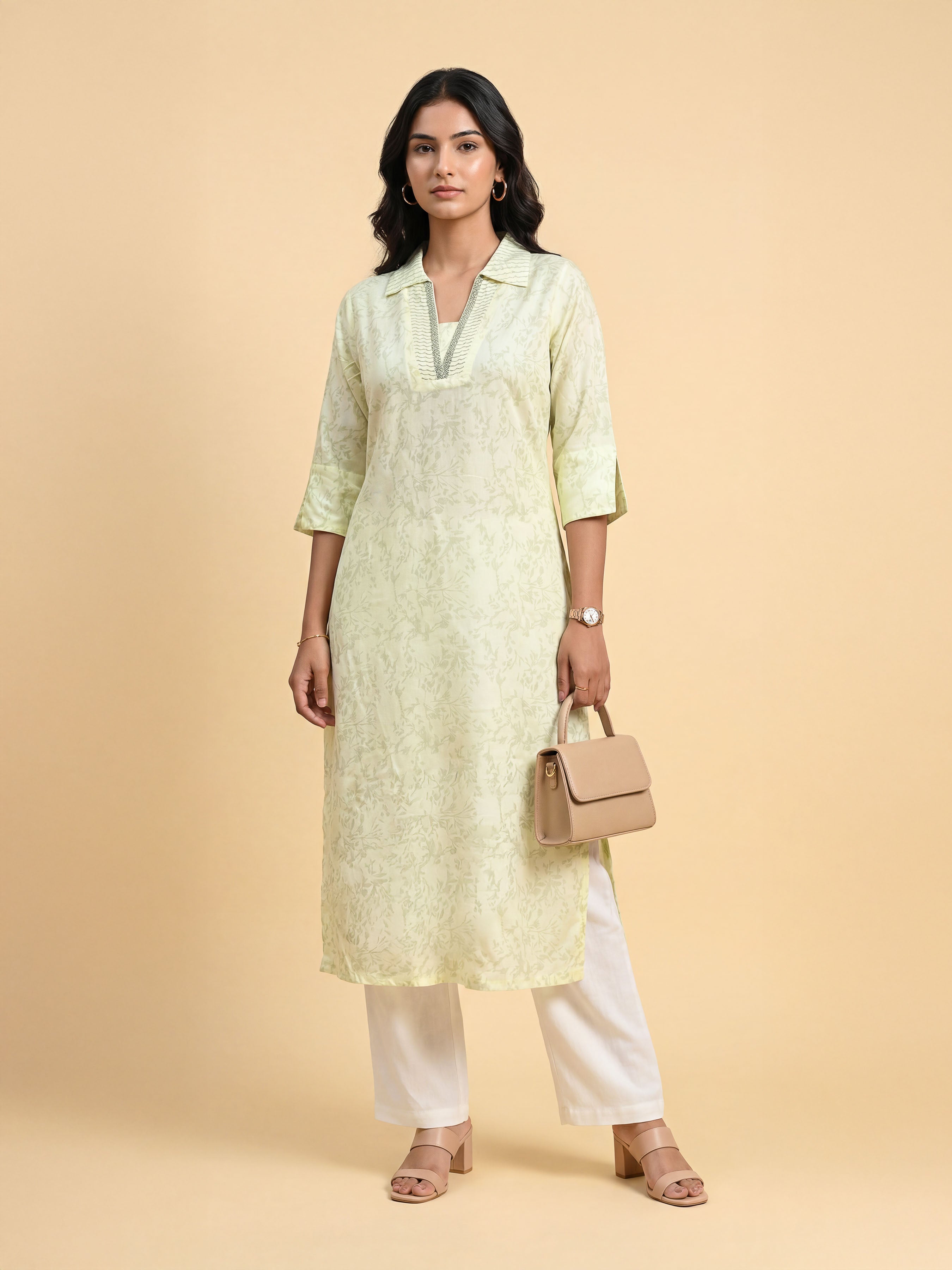 Pale Yellow Viscose Printed Kurti With Embroidery