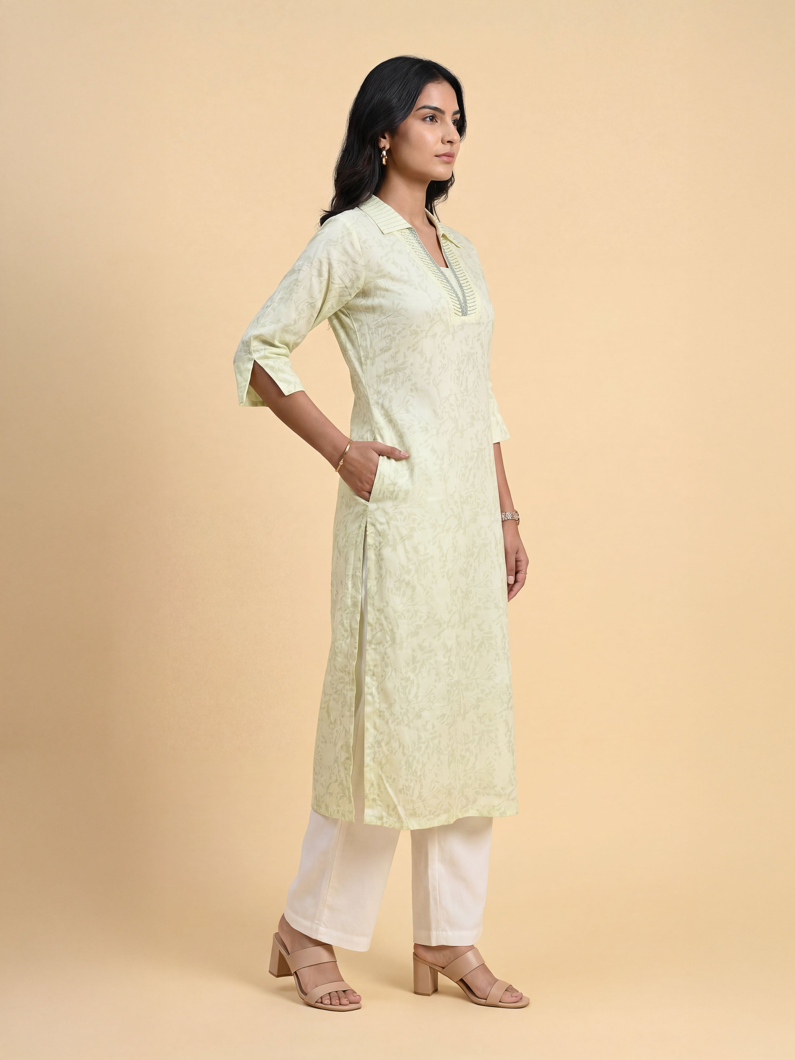 Pale Yellow Viscose Printed Kurti With Embroidery