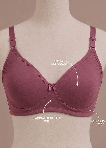 A mauve-colored bra displayed on a beige mannequin torso, with white text callouts pointing to its features: 'Nipple Concealer,' 'Laminated Center Core,' and 'Extra Side Support.'.