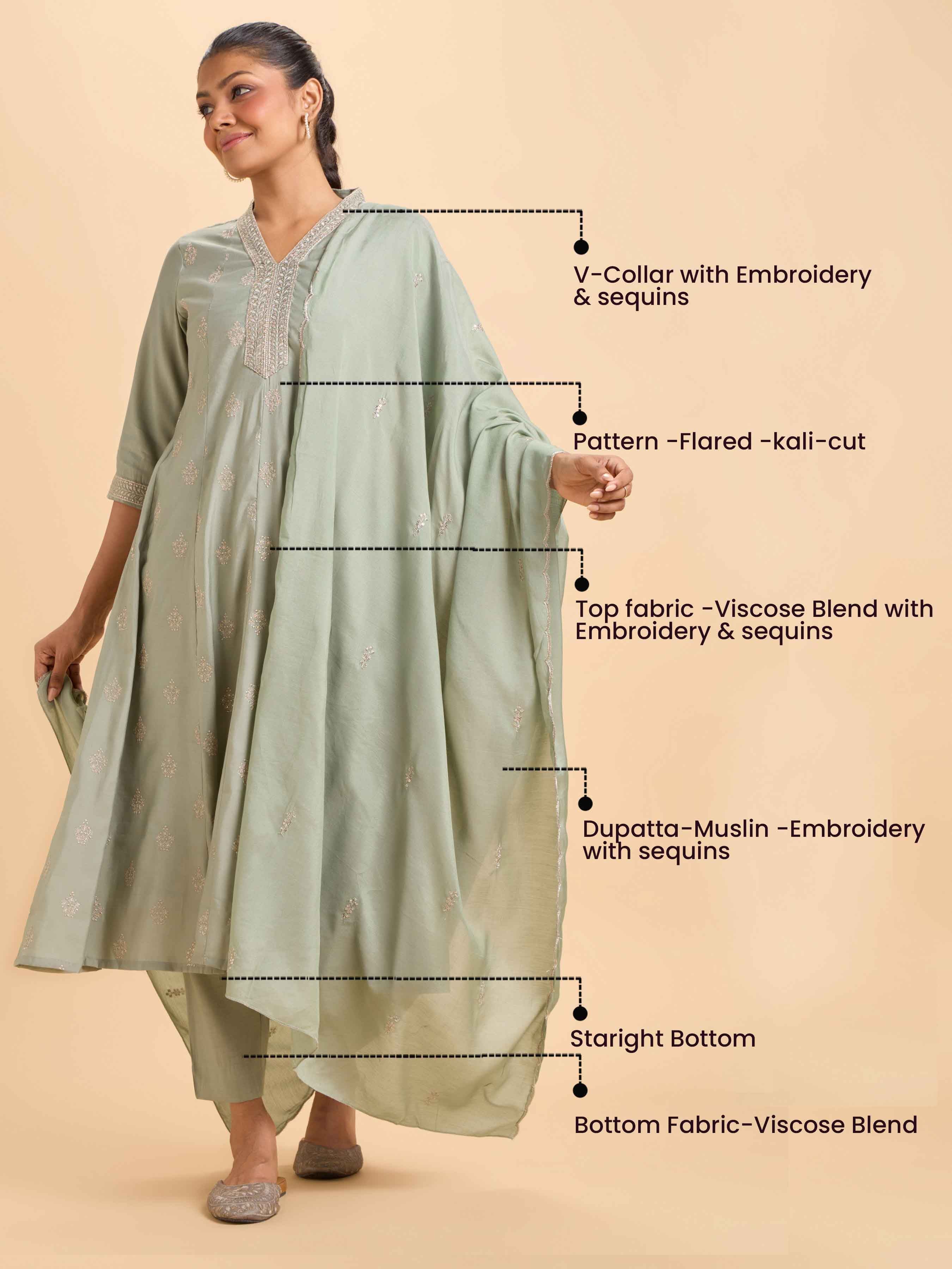 Sage Green Chanderi Flared Kali Cut Kurti Set With Dupatta And Embroidery