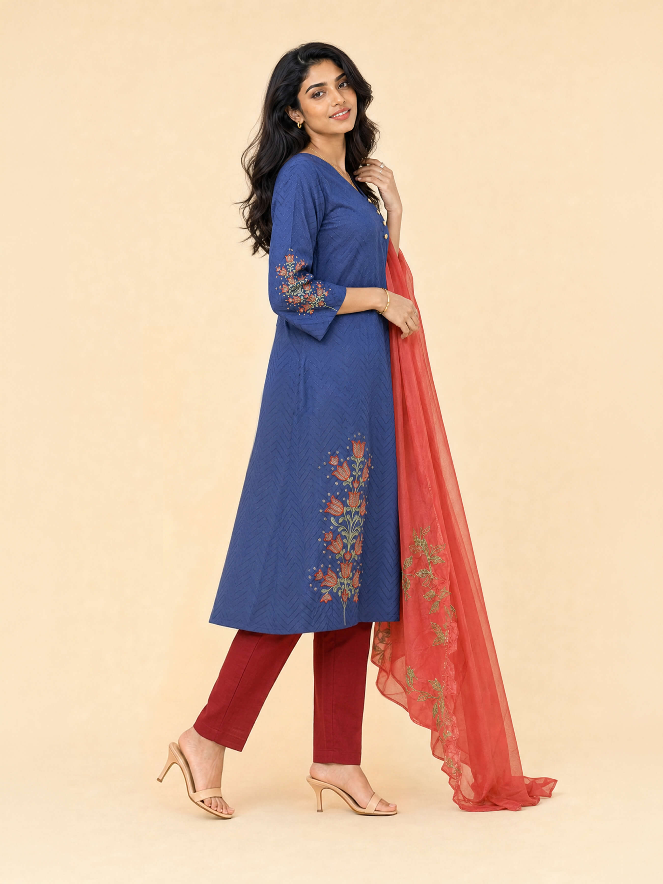 Denim Blue Viscose Kurti Set With Dupatta