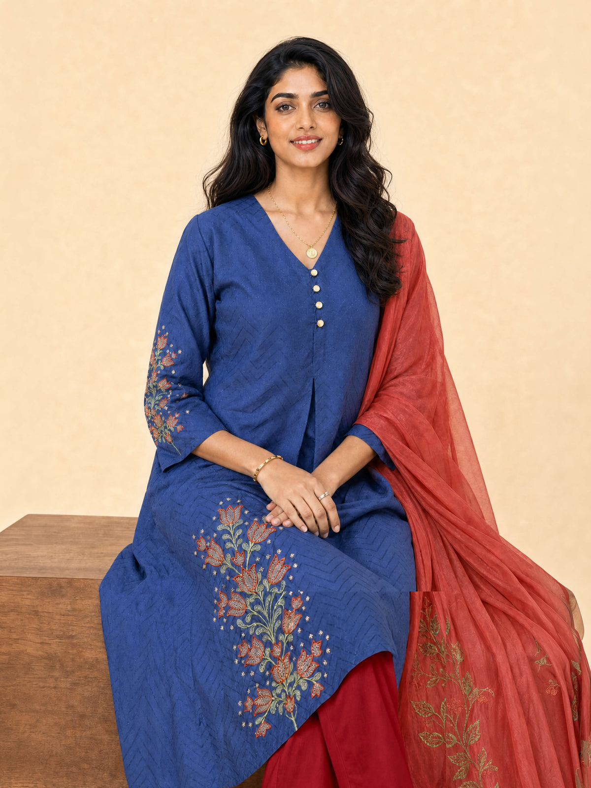 Denim Blue Viscose Kurti Set With Dupatta
