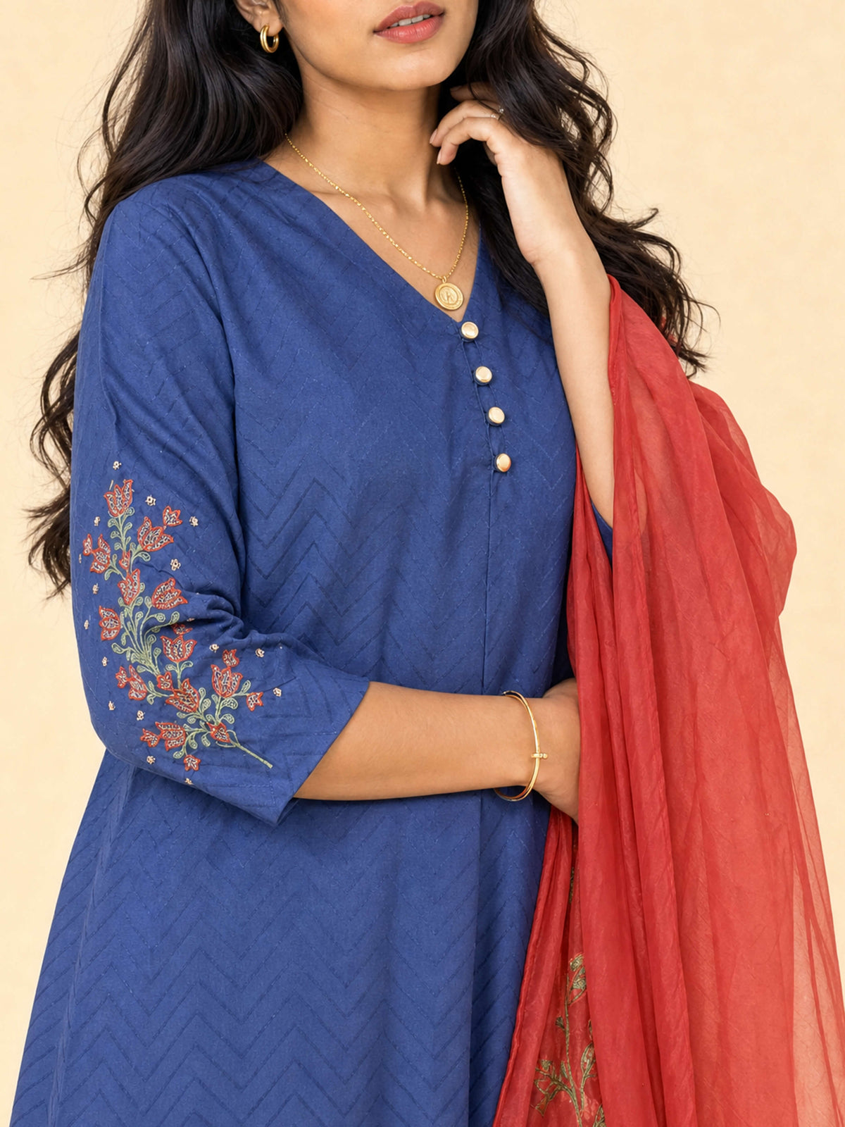 Denim Blue Viscose Kurti Set With Dupatta