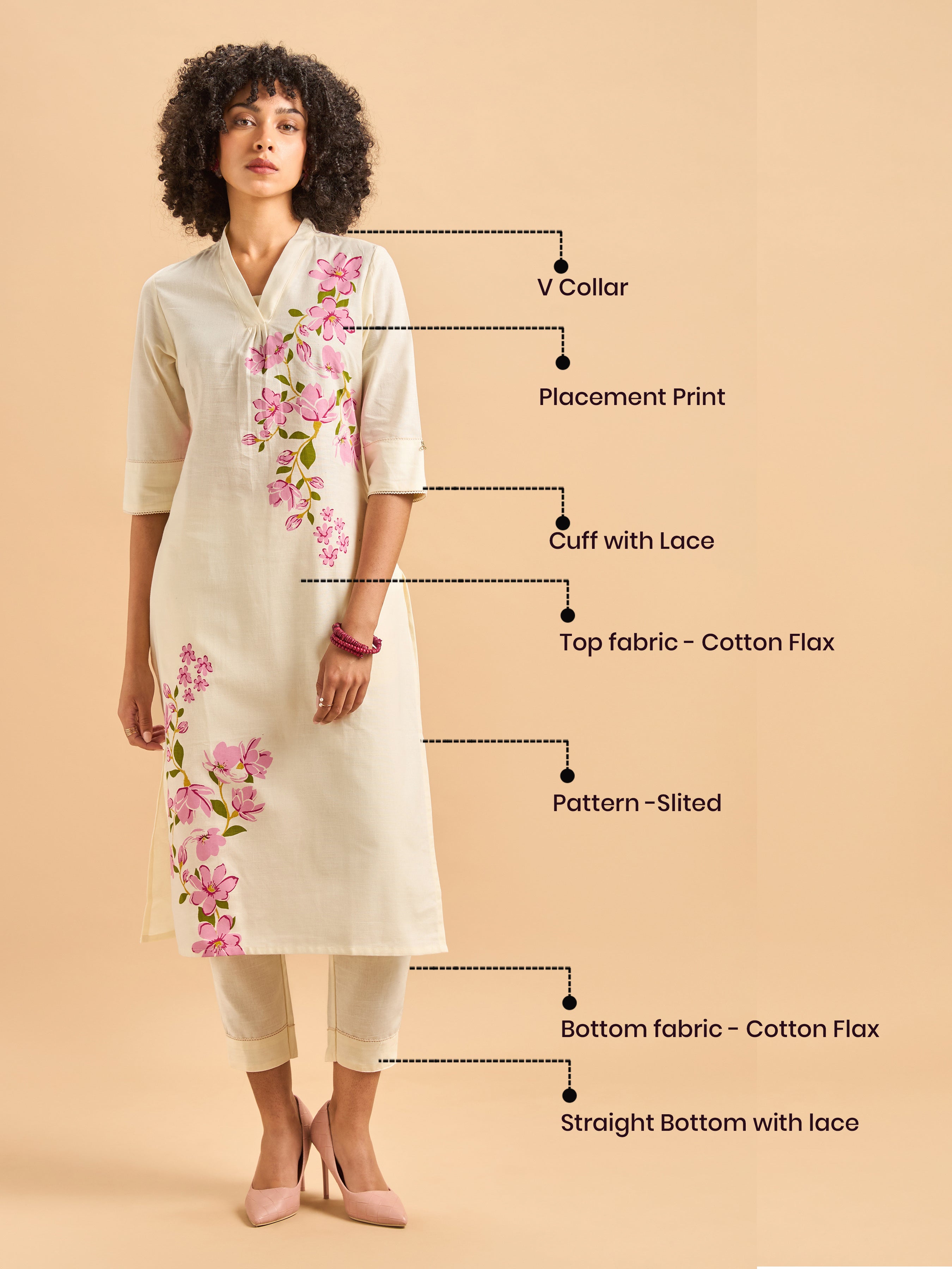 Ivory Cotton Flax Slub Kurti Set With Placement Print