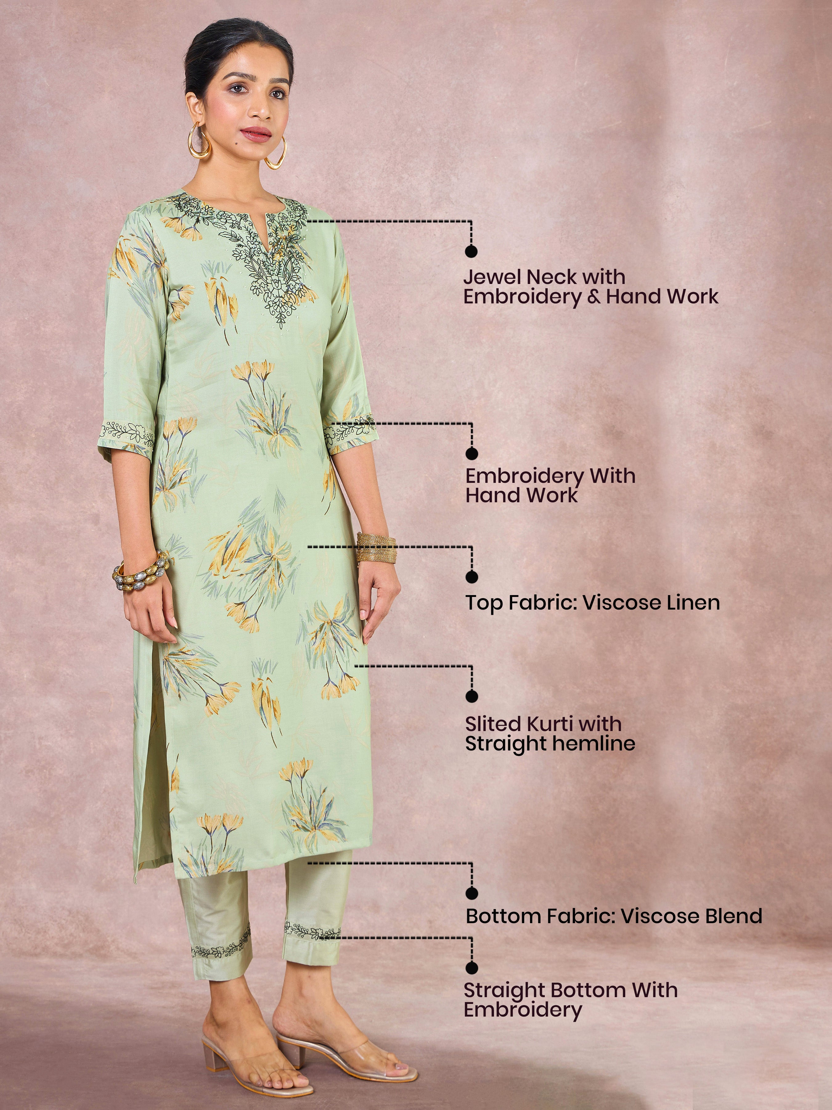 Pista Green Viscose Linen Printed Kurti & Bottom With Hand Work