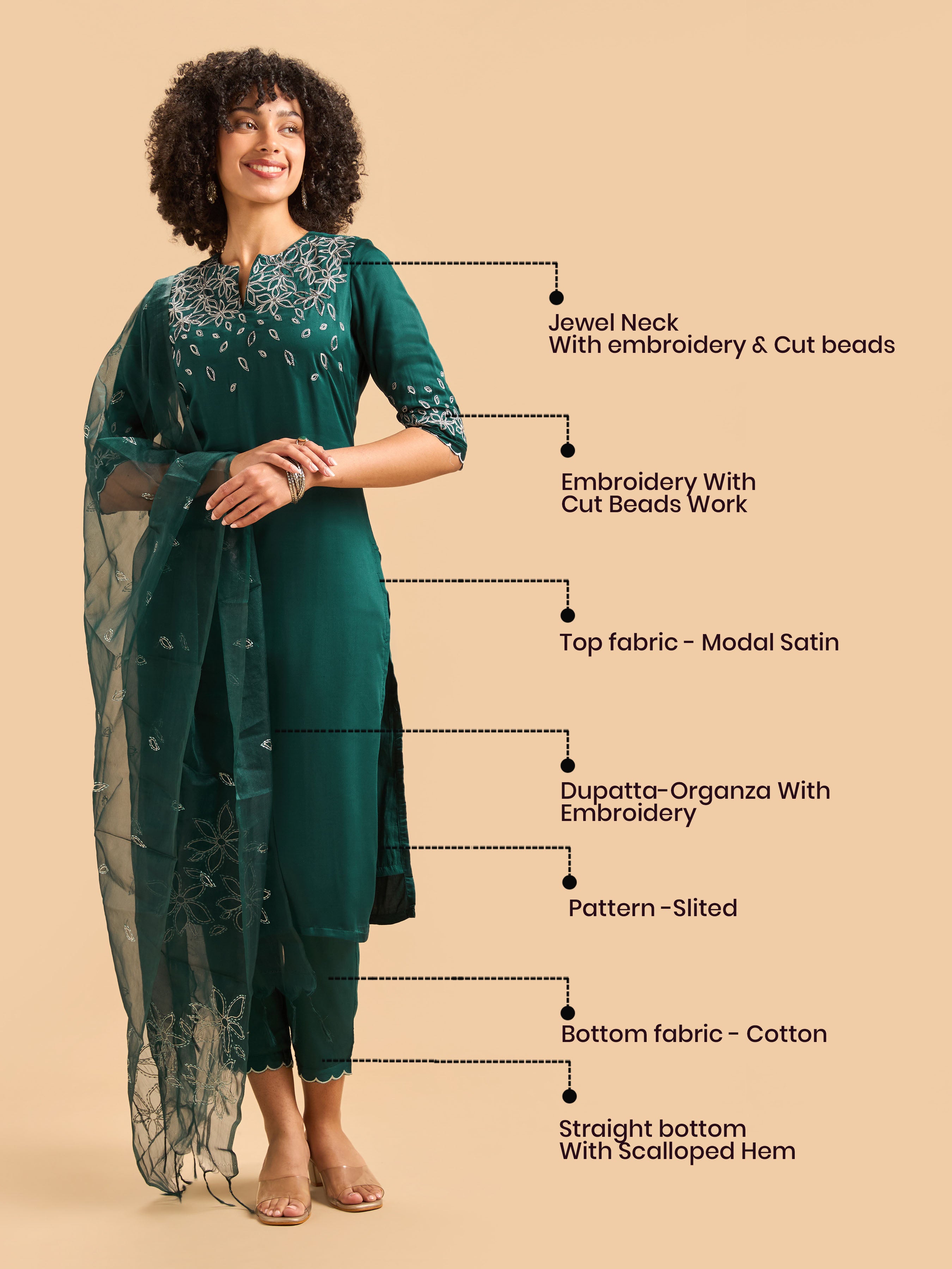 Teal Green Viscose Plain Kurti Set & Dupatta With Hand Work Embroidery