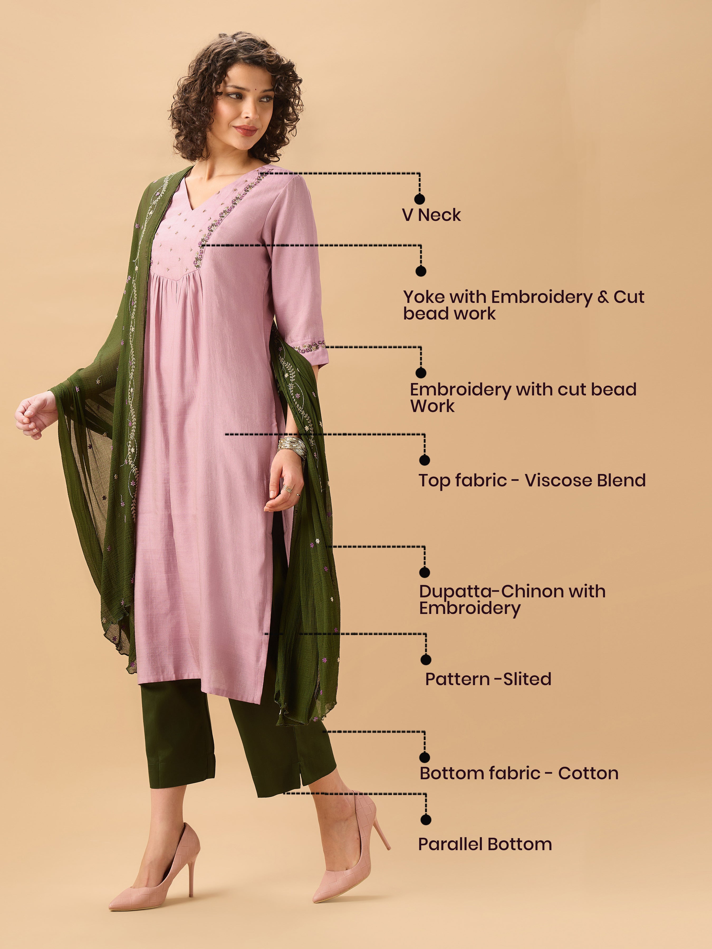 Onion Pink Viscose Blend Kurti Set With Dupatta And Hand Work Embroidery