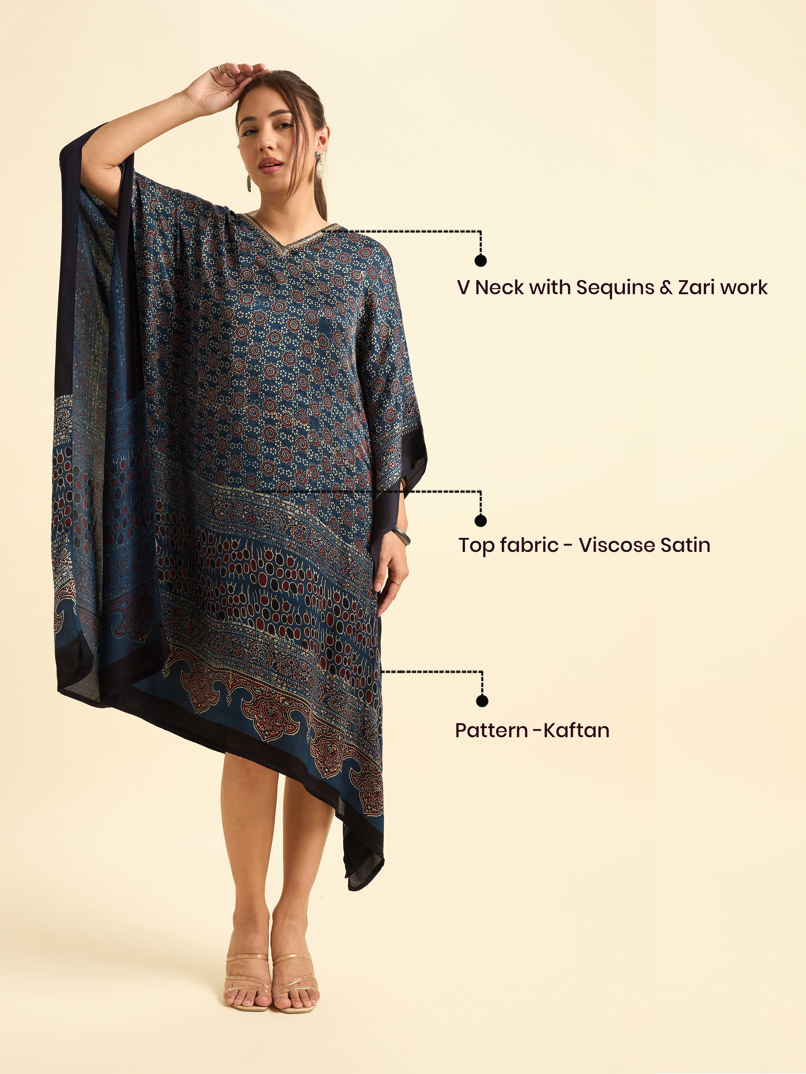 Navy Blue Multi Colour Modal Satin Kaftan With Sequins Embroidery