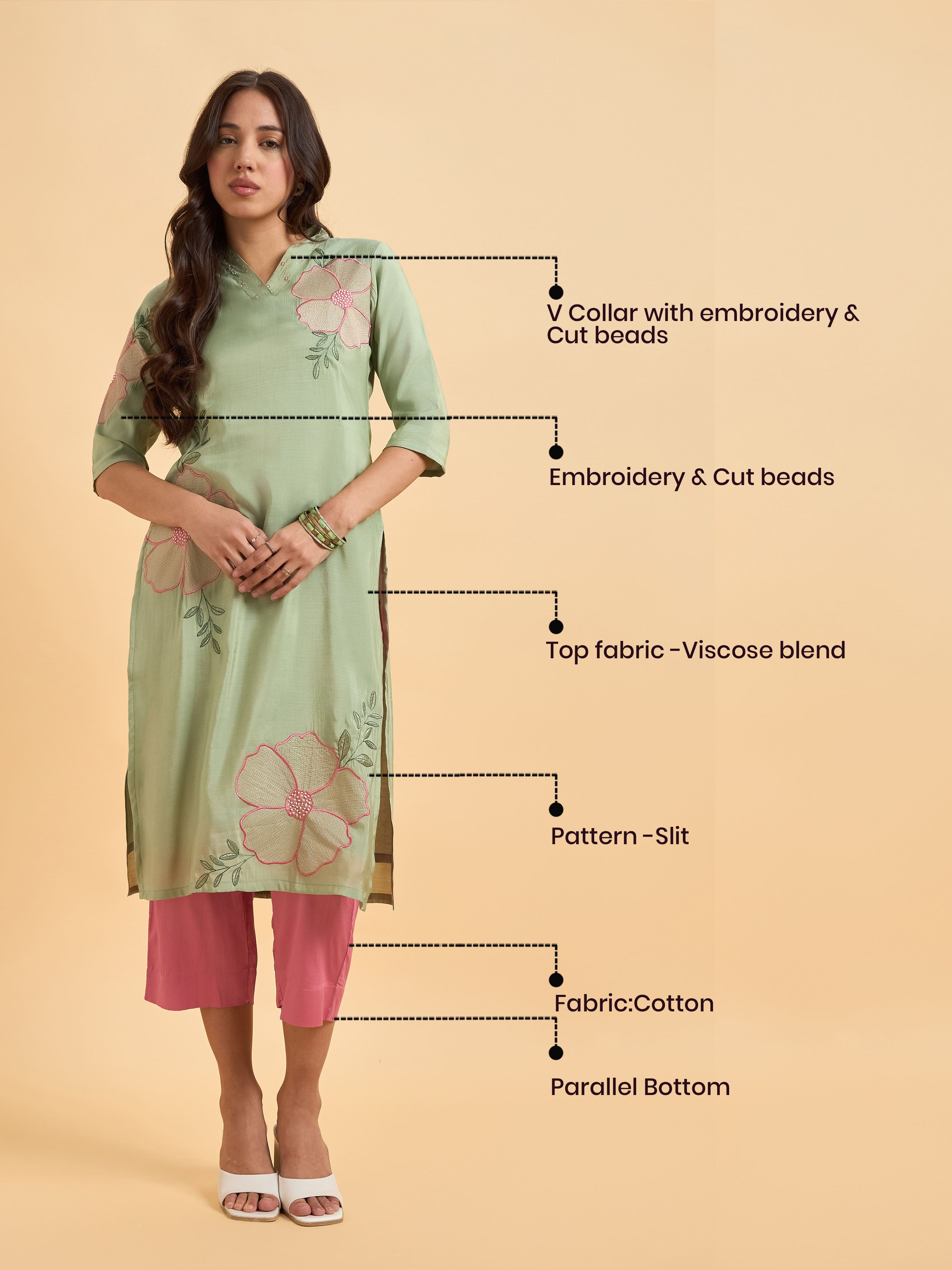Pista Green Poly Viscose Shimmer Kurti Set With Zari Embroidery And Hand Work